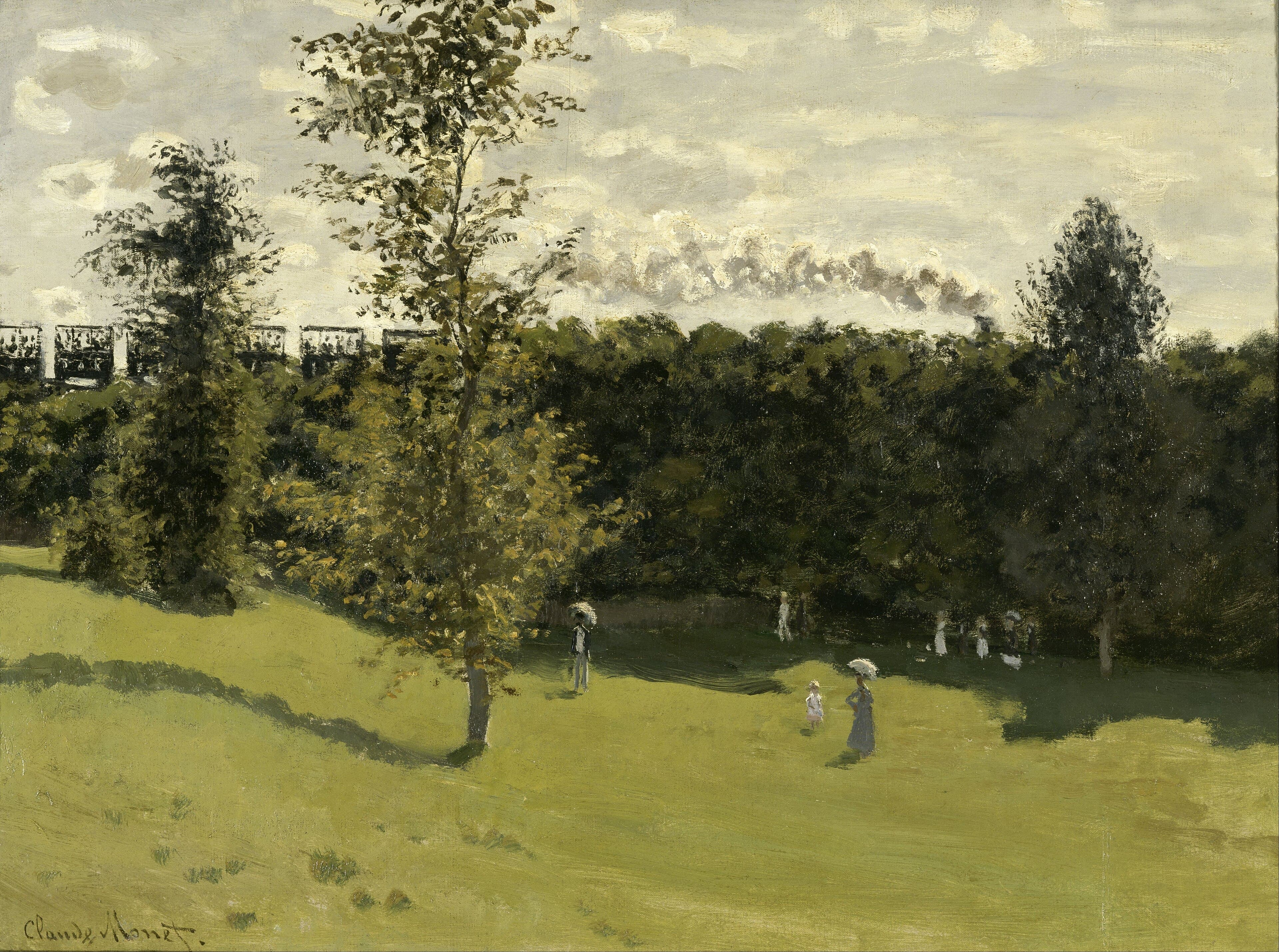 A sunny green meadow with trees and women with parasols, while a small train of open carriages passes on an embankment trailing smoke — Claude Monet, Train in the Countryside, c. 1870