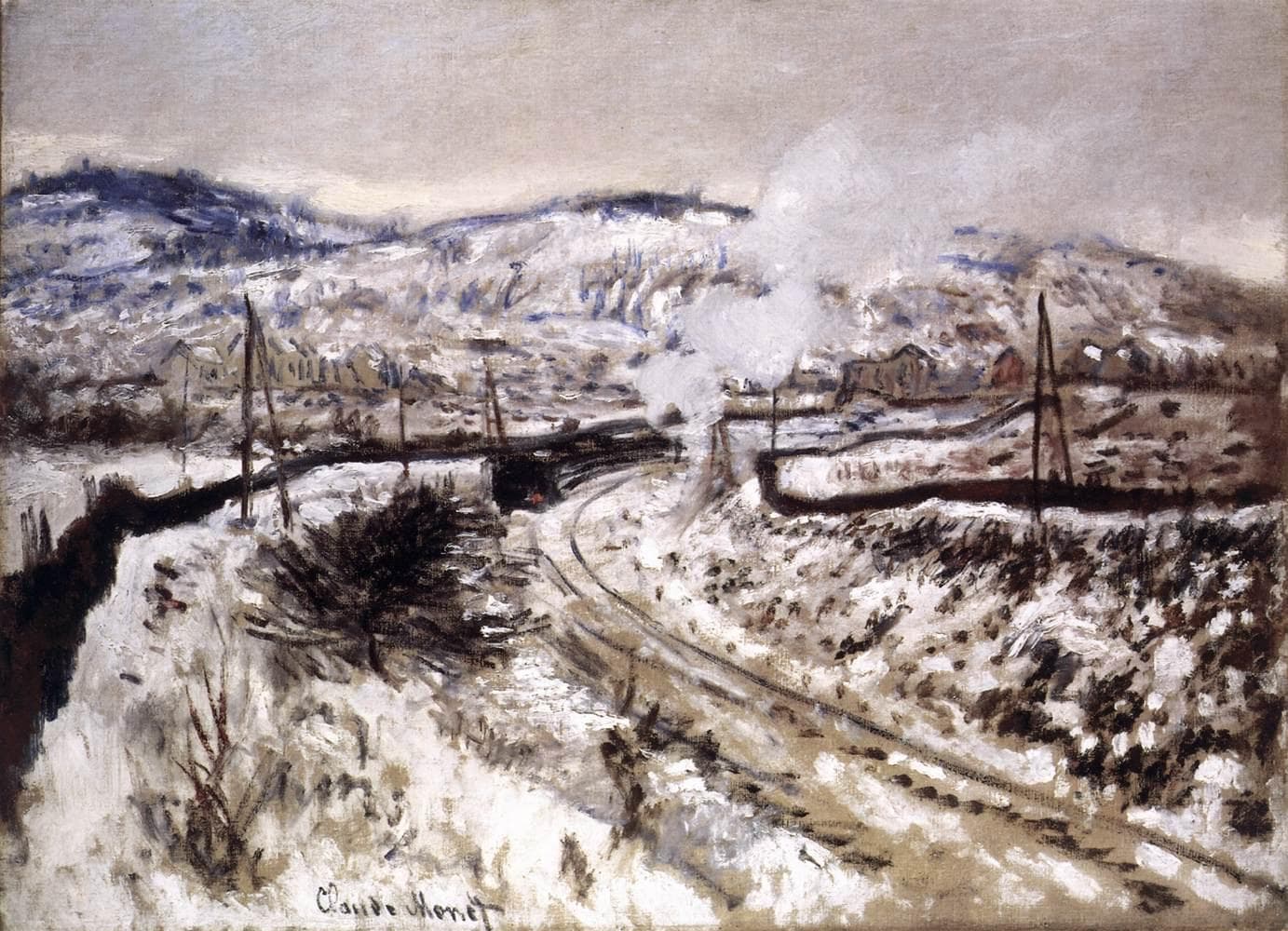 A railway line curves through a snowy valley as a train's white steam rises against snow-streaked hills under a gray sky — Claude Monet, Train in the Snow at Argenteuil, 1875
