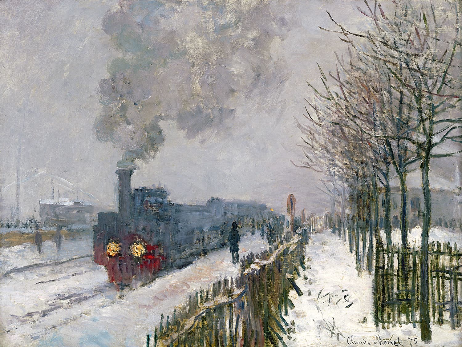 A dark steam locomotive with glowing yellow lamps stands on a snowy track, smoke billowing, beside a fence and bare trees — Claude Monet, Train in the Snow, 1875