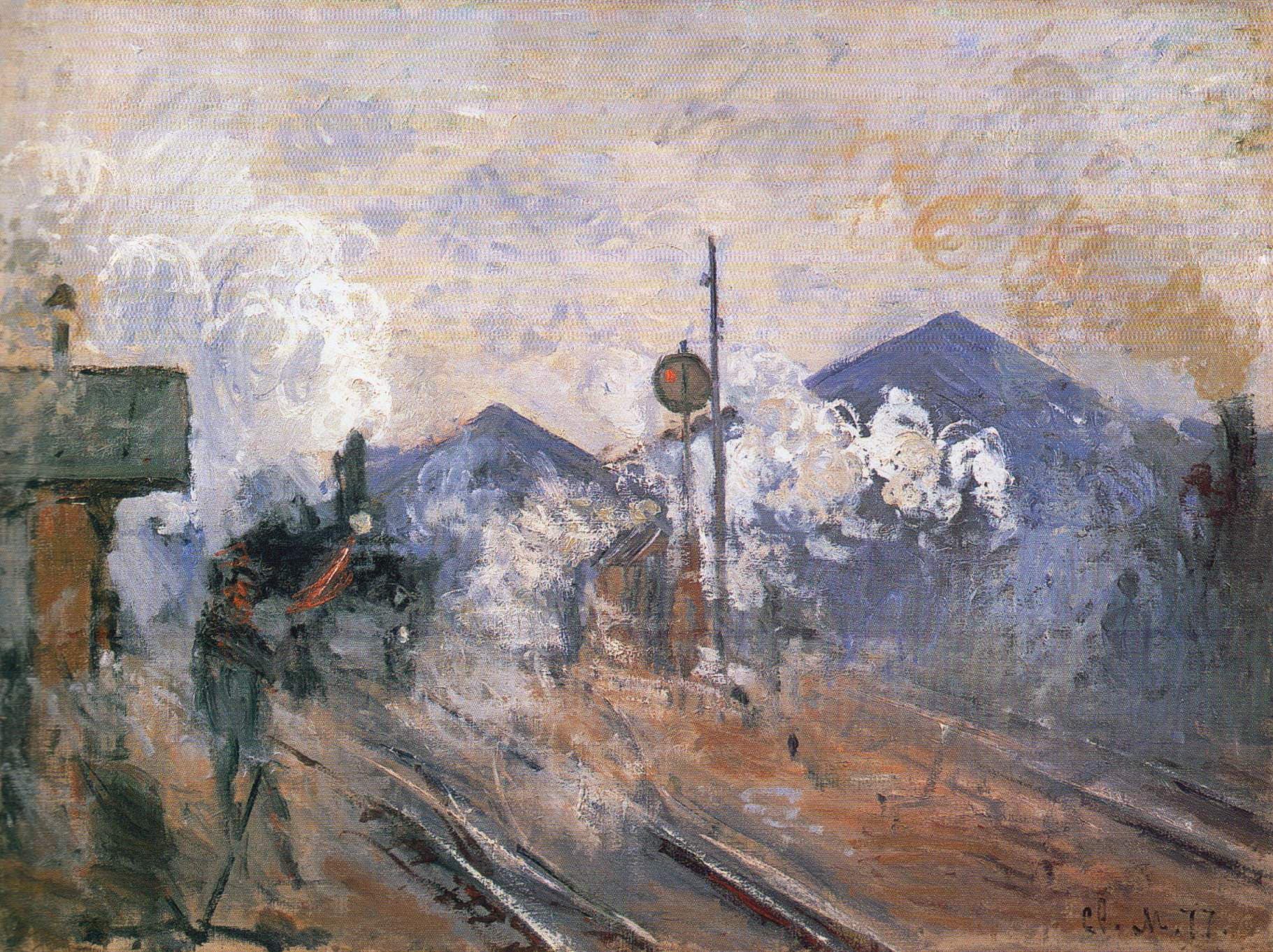 Railway tracks curve toward the viewer past a round signal and a worker, with steam clouds and the station's blue gabled sheds behind — Claude Monet, Train Tracks at the Saint-Lazare Station, 1877