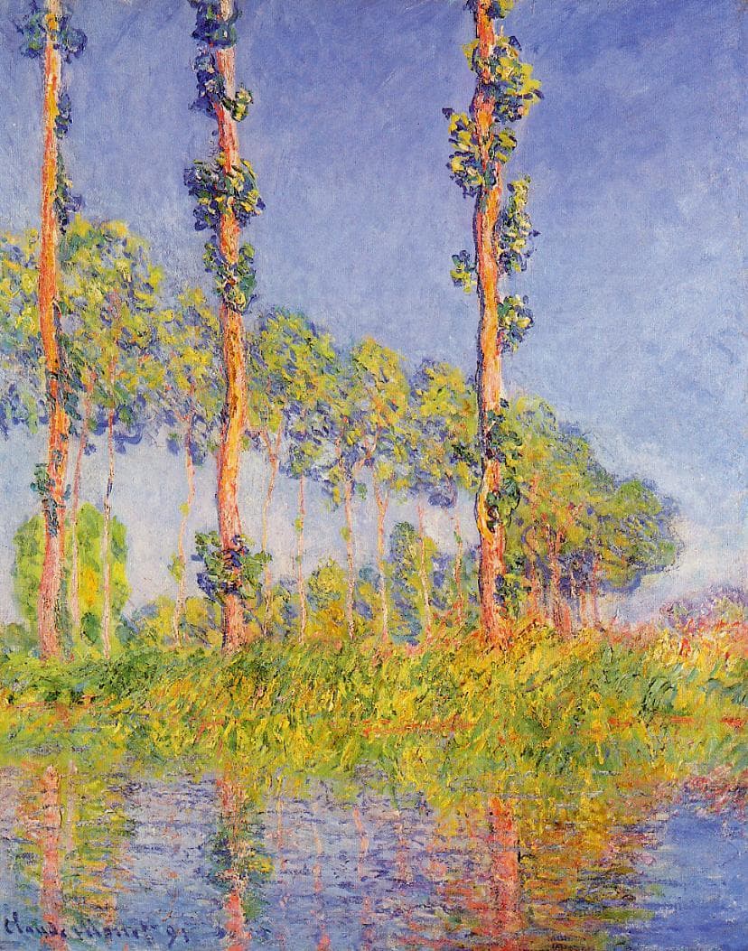 Three tall poplars with sunlit orange trunks before a row of yellow-green trees, all reflected in a river under a deep blue sky — Claude Monet, Three Poplars, Autumn Effect, 1891