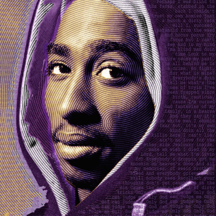 Tupac Shakur in a hood, his face drawn in fine gold engraved lines against purple, with song lyrics typed in the background — Tony Rubino, Tupac Shakur (and Lyrics), 2013