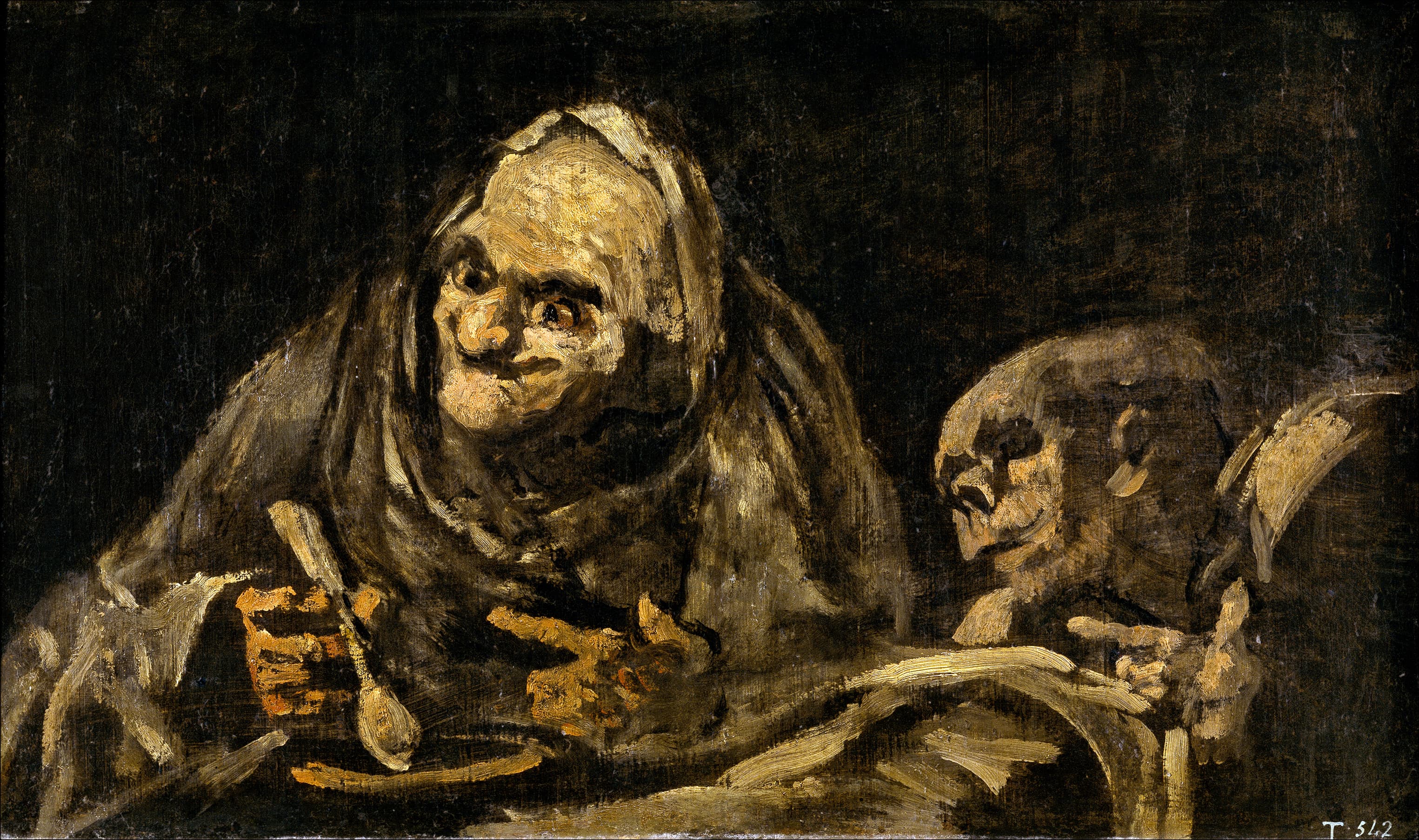 Two toothless old figures lean out of a black background over a bowl, one hooded and grinning with a spoon, the other skull-faced and pointing — Francisco Goya, Two Old Men Eating Soup, c. 1819–1823