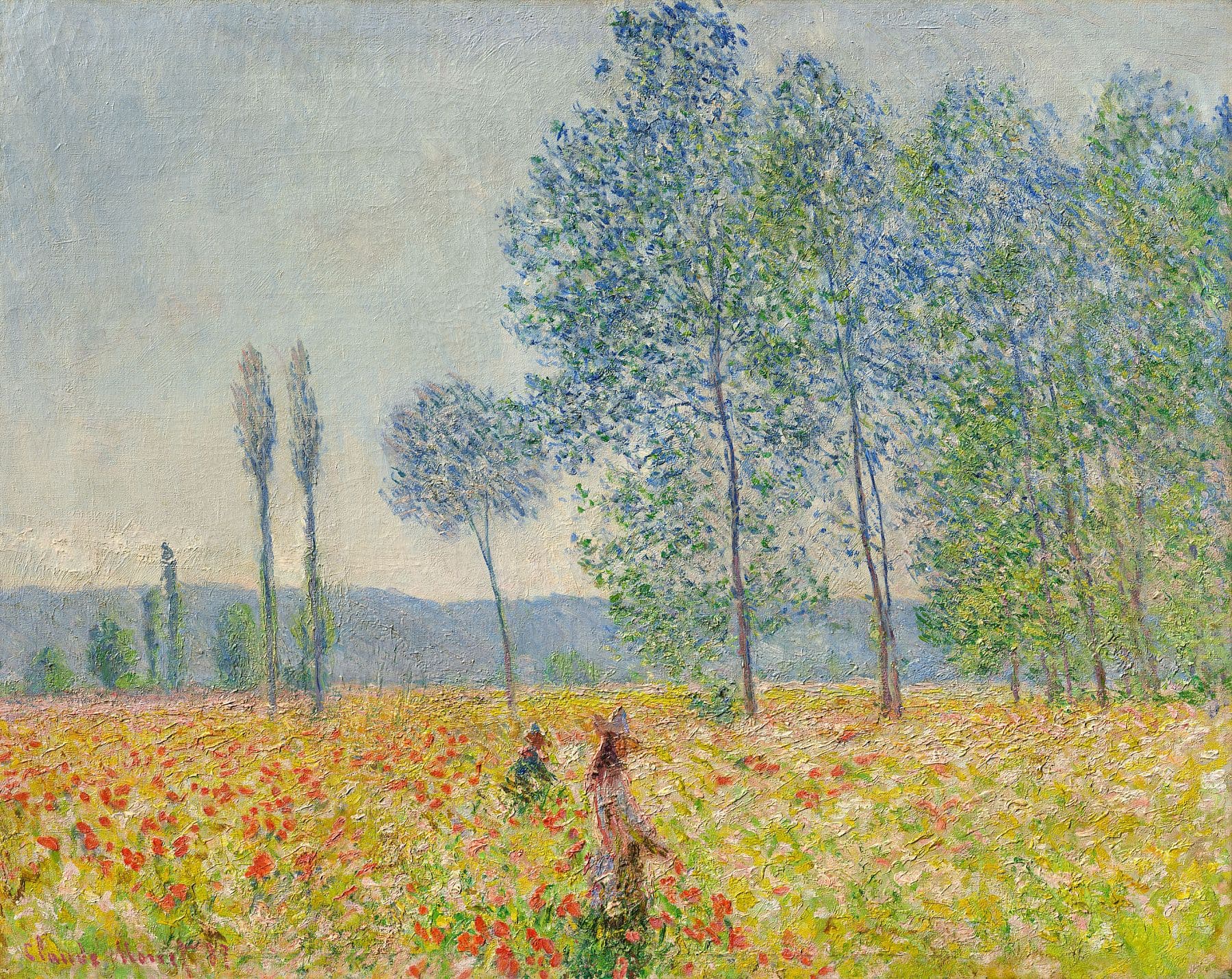 A young woman in a pale dress and a child walk through a sunlit meadow of red poppies beneath tall feathery poplars — Claude Monet, Under the Poplars, 1887