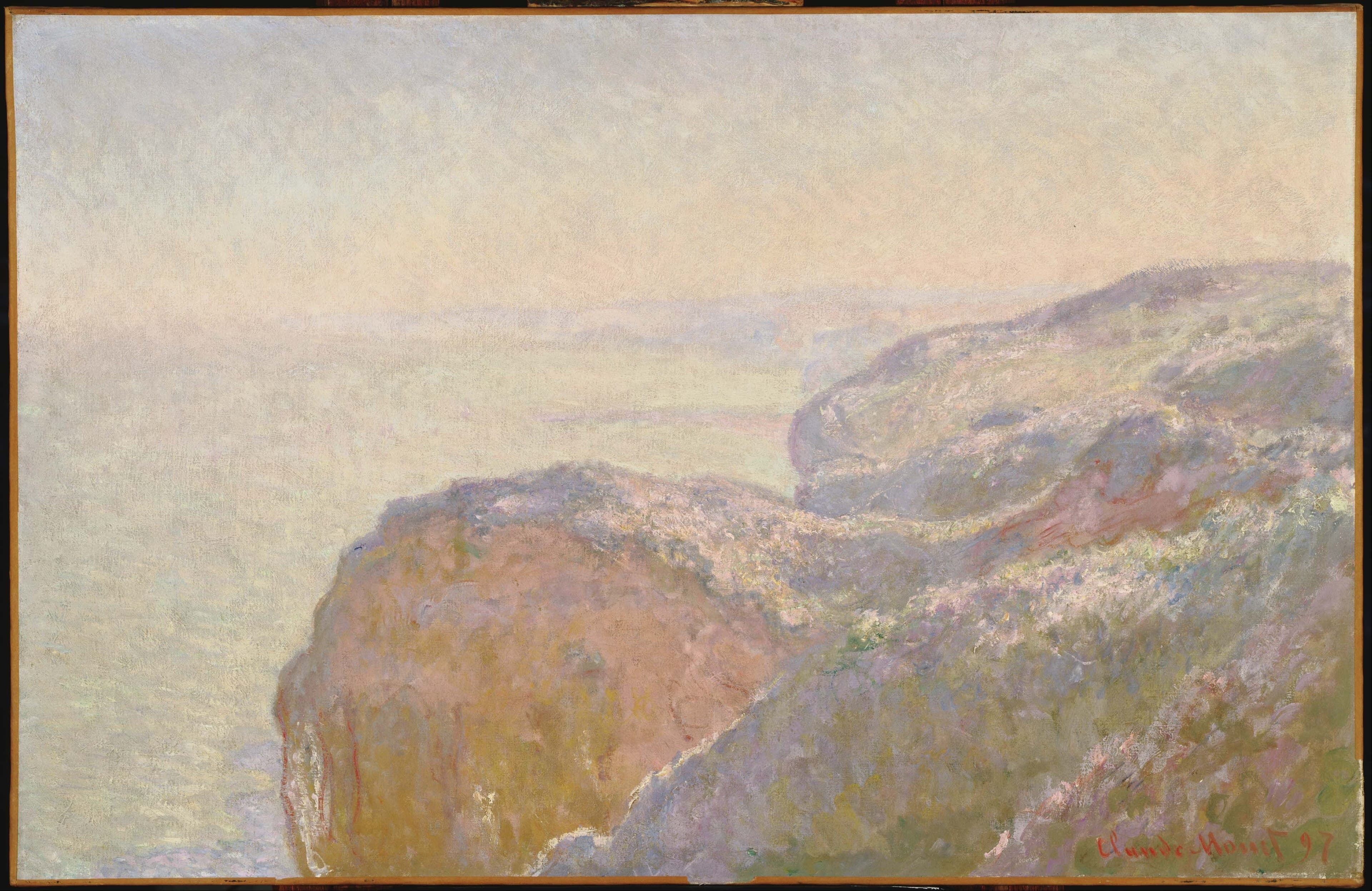 A rounded grassy headland drops to a pale sea, with cliff, water and sky dissolved in pink and lilac morning haze — Claude Monet, Val-Saint-Nicolas, near Dieppe (Morning), 1897