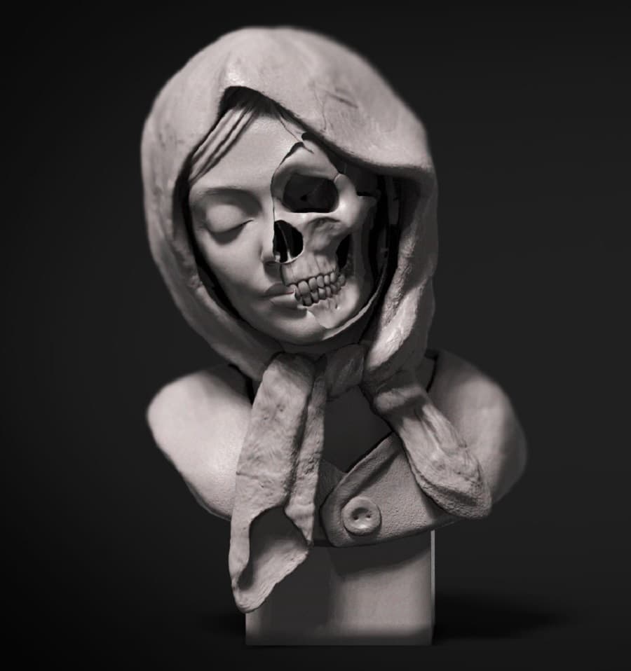 A gray sculpted bust of a hooded young woman with closed eyes whose face is half flesh and half exposed skull — Vanitas Sculpture, artist unknown