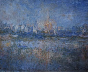 A village and church tower across a river, almost dissolved in blue-violet fog, faint pink light on the tower reflected in the water — Claude Monet, Vétheuil in the Fog, 1879