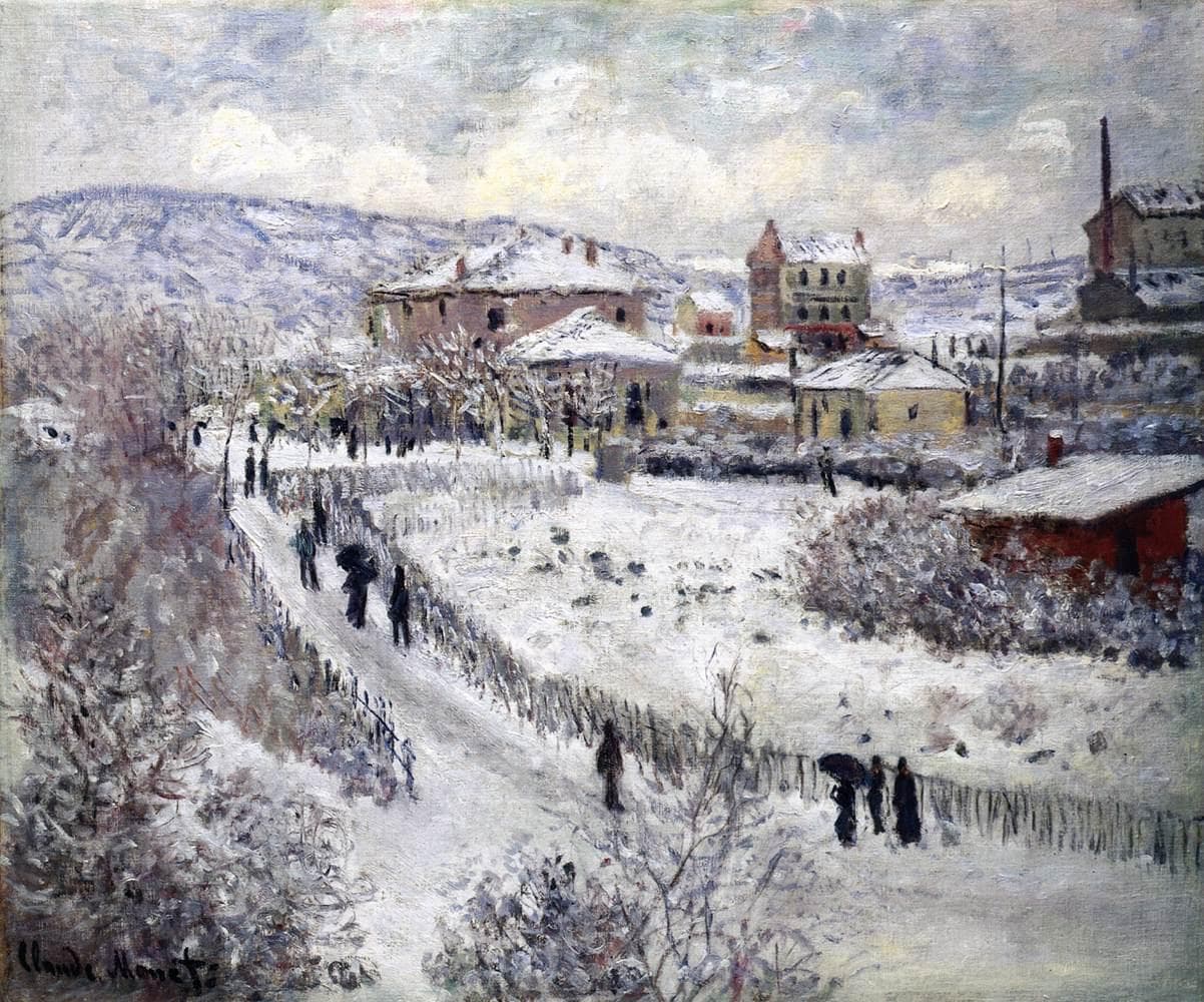 A snowy lane with a picket fence and small figures under umbrellas runs past gardens toward houses and a factory chimney beneath snowy hills — Claude Monet, View of Argenteuil in the Snow, 1874–75