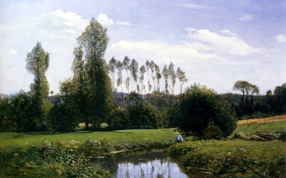 A dark stream winds through a green meadow toward a row of tall thin poplars under white summer clouds — Claude Monet, View at Rouelles, Le Havre, 1858