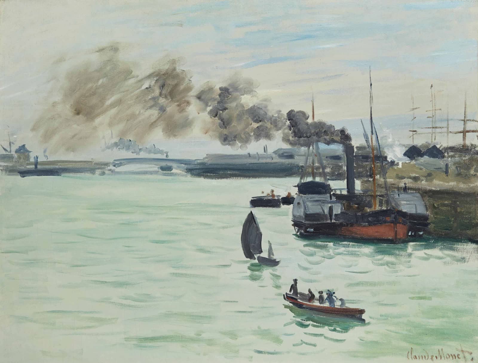 A red-hulled steamer at a quay pours brown smoke over pale green water, with a sailboat, a rowing boat and a long bridge beyond — Claude Monet, View of a Port, 1871