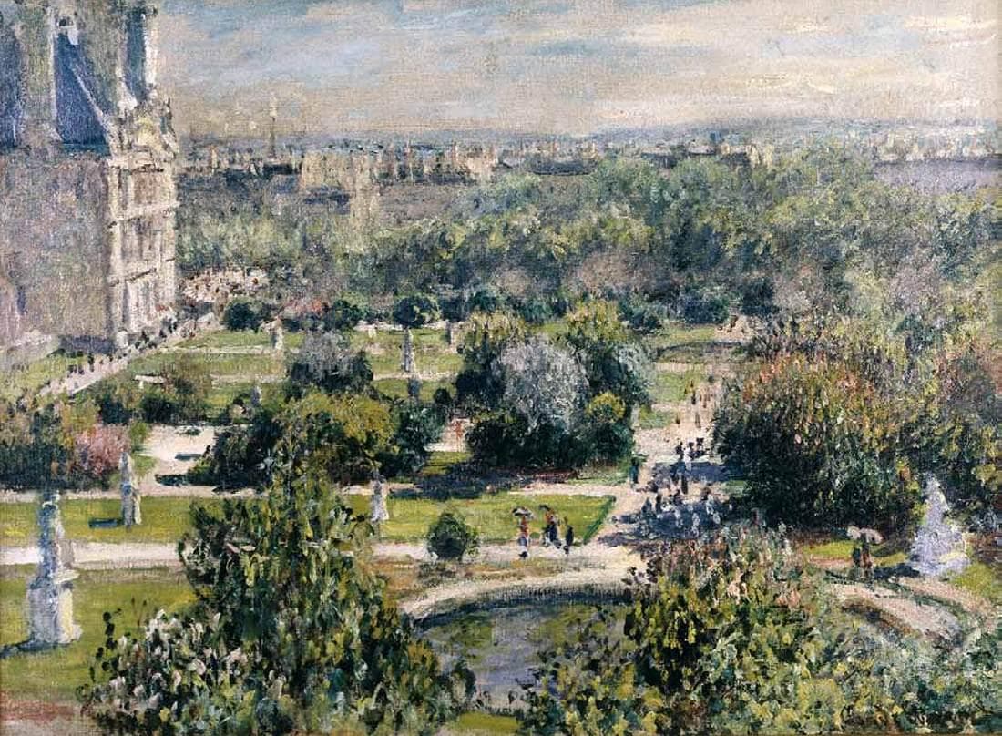 A high view over a Paris park with a round pool, gravel paths, statues and masses of green trees, a palace wing at the left — Claude Monet, The Tuileries, 1876
