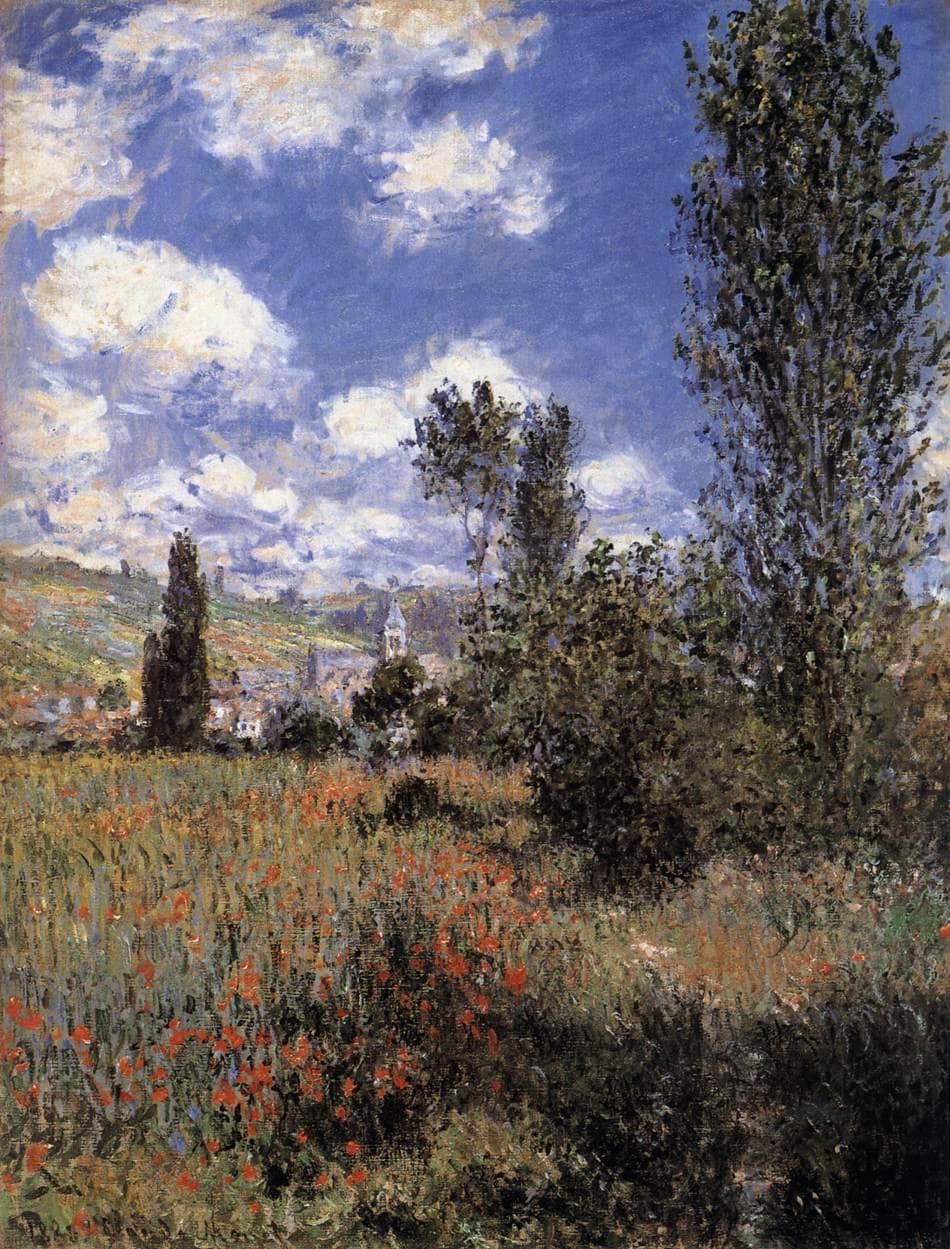 A summer meadow with red poppies and tall poplars frames a distant village church tower under a blue sky with white clouds — Claude Monet, View of Vétheuil, 1880