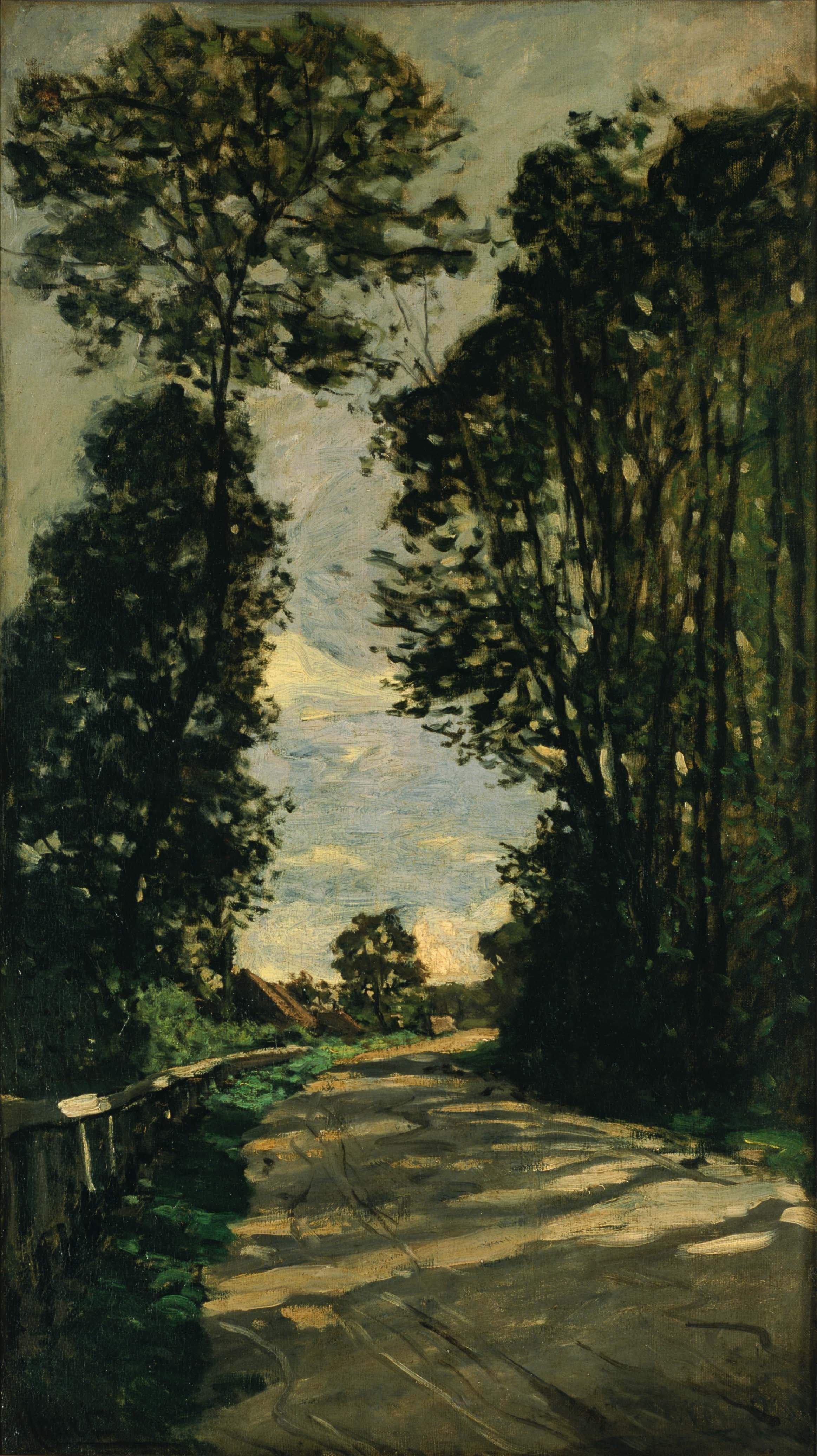 A pale country road dappled with sunlight and shadow runs between tall dark trees toward distant farm roofs under a cloudy sky — Claude Monet, Walk (Road by the Saint-Siméon Farm), 1864