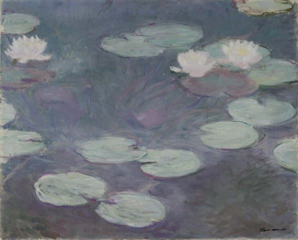 Large pale green lily pads and three pink and white water lilies float on dark violet water seen from above — Claude Monet, Water Lilies (Ninfee rosa), c. 1898