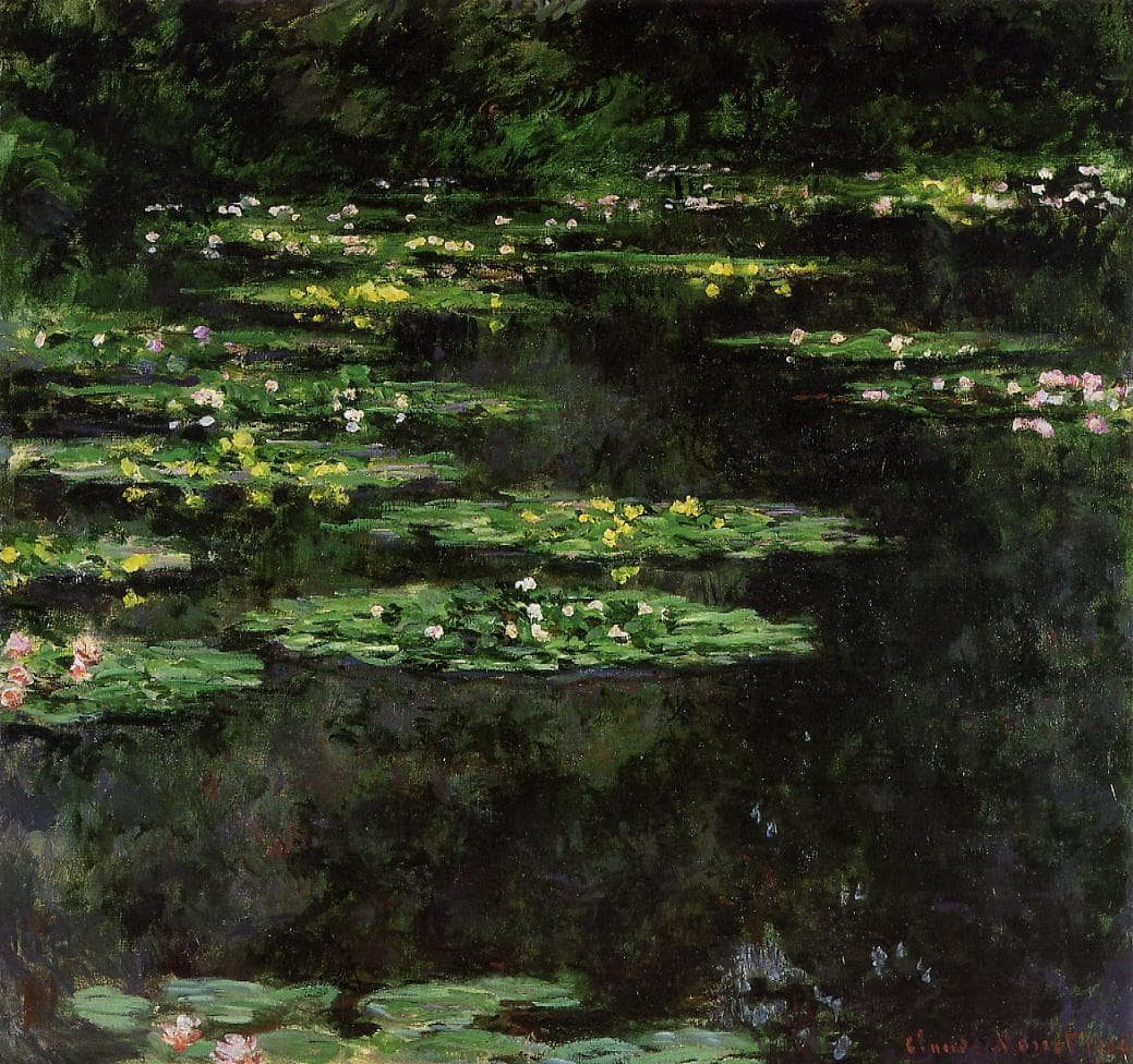Sunlit islands of yellow-green lily pads with white, yellow and pink flowers float on dark green-black water below a band of shadowy trees — Claude Monet, Water Lilies, 1904