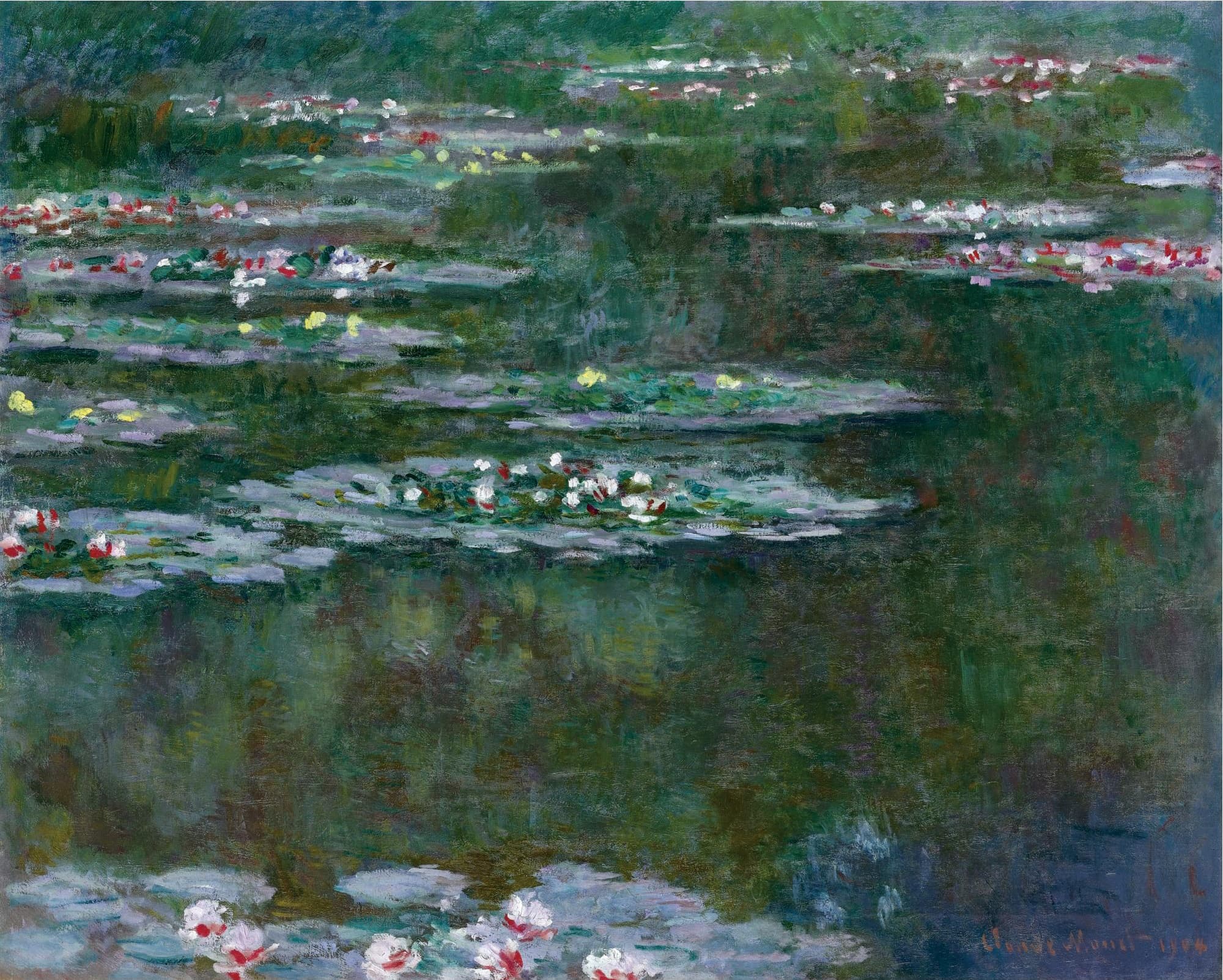 Islands of lily pads with white, pink and red blossoms float across a dark green pond reflecting trees from the bank — Claude Monet, Water Lilies, 1904