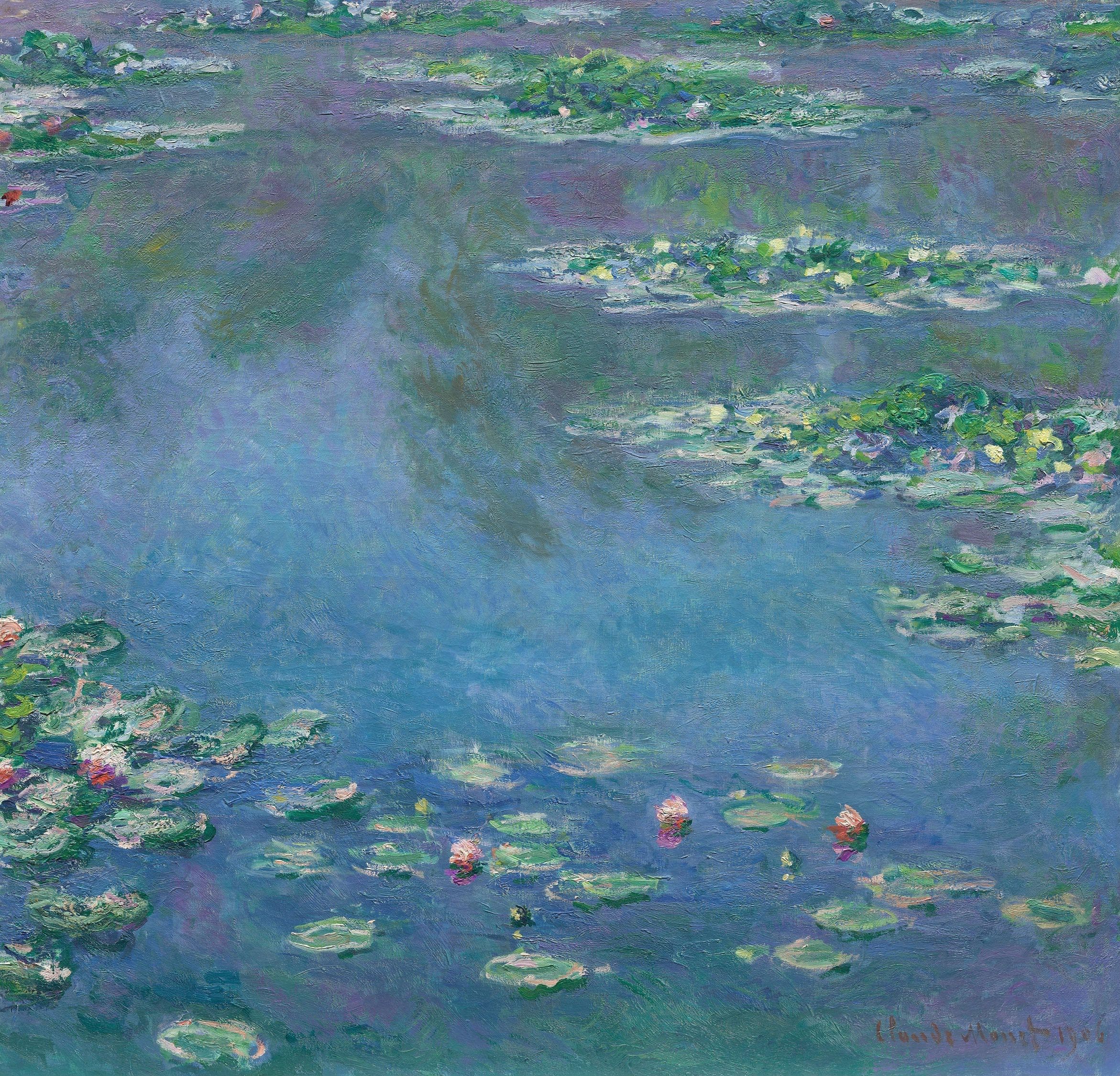 Clusters of lily pads with red, pink and yellow flowers surround a passage of deep blue water reflecting white clouds — Claude Monet, Water Lilies, 1906
