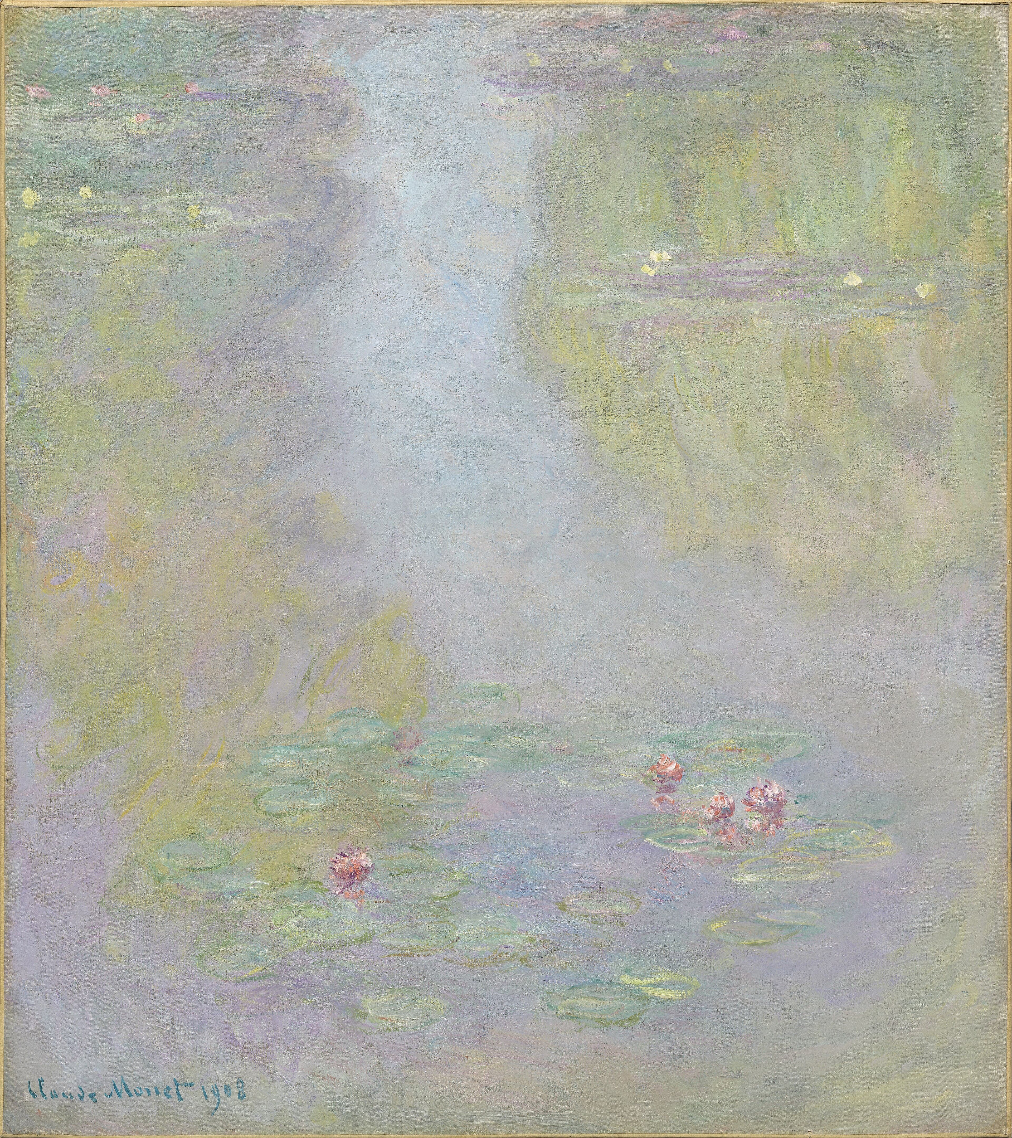 A tall canvas of pale lilac, green and pink reflections on water, with a band of lily pads and pink-red flowers near the bottom — Claude Monet, Water Lilies, 1908