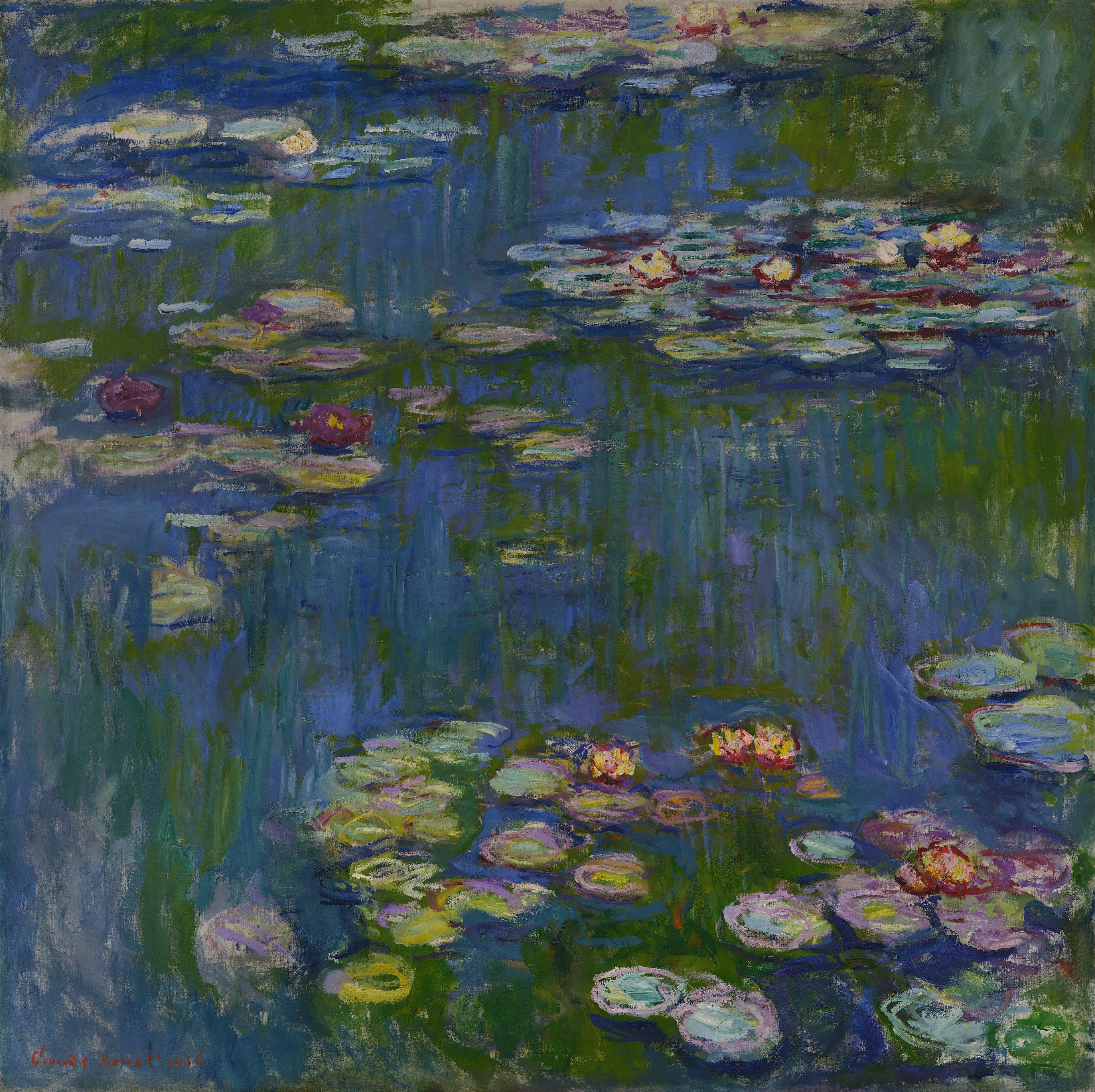 Rafts of green and lilac lily pads with crimson, pink and yellow flowers on deep blue water streaked with green reflections — Claude Monet, Water Lilies, 1916