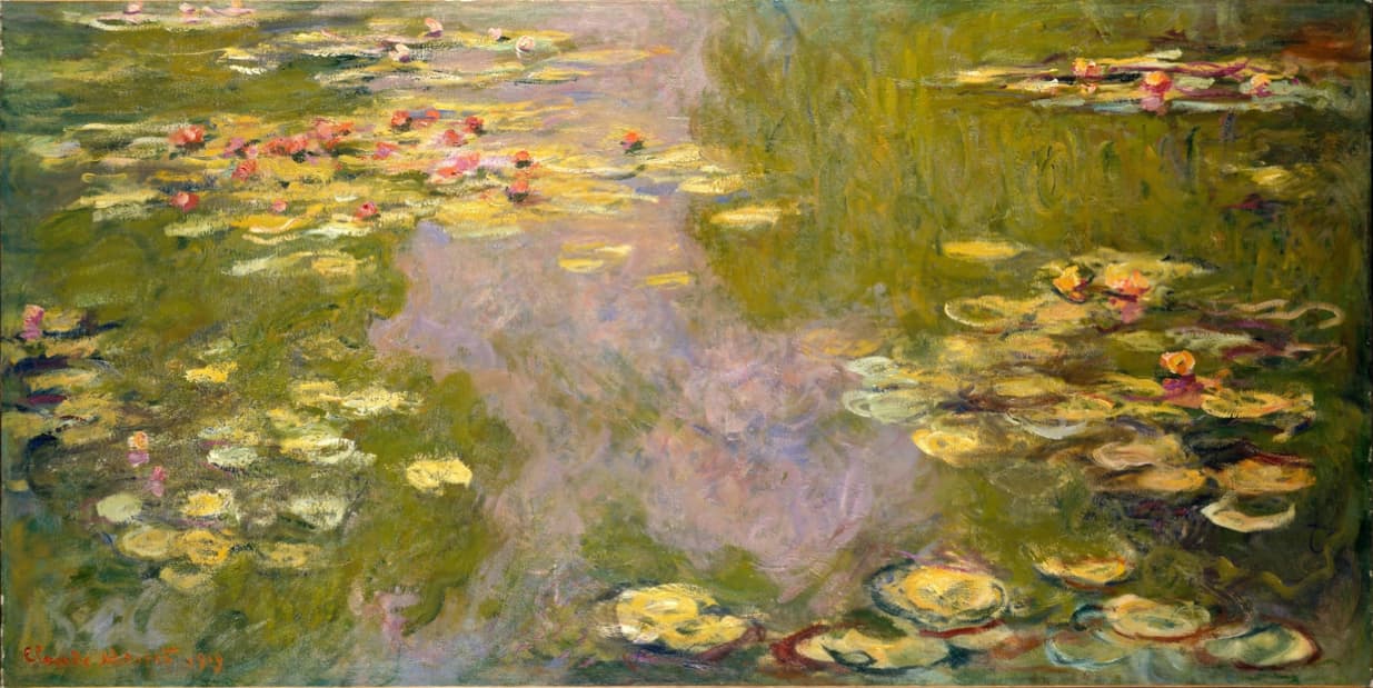 Islands of green lily pads with pink and red flowers float on water reflecting lilac sky and dark willows — Claude Monet, Water Lilies, 1919