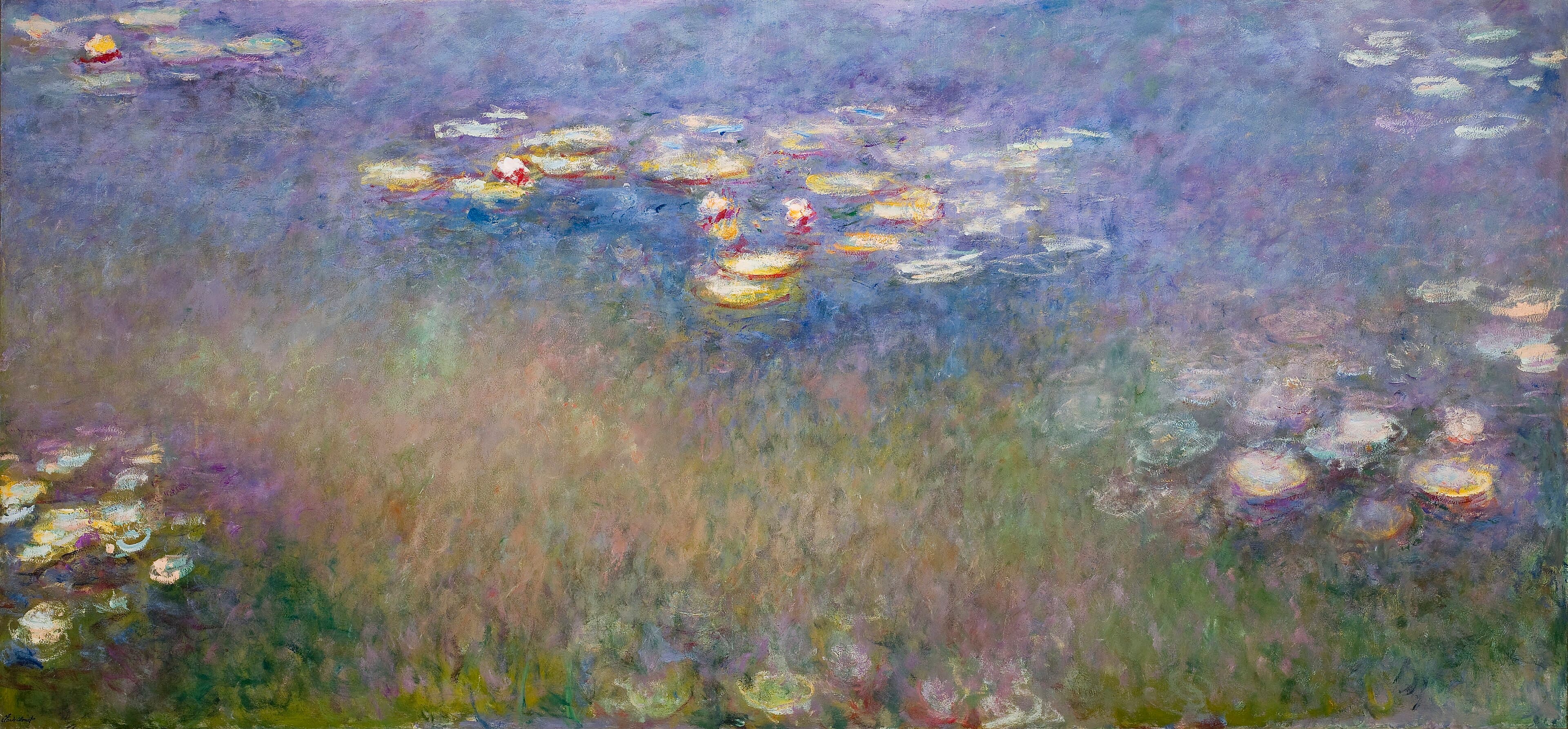 A four-meter expanse of violet and blue water with floating clusters of cream and yellow lily pads and pink flowers — Claude Monet, Water Lilies, c. 1915–26