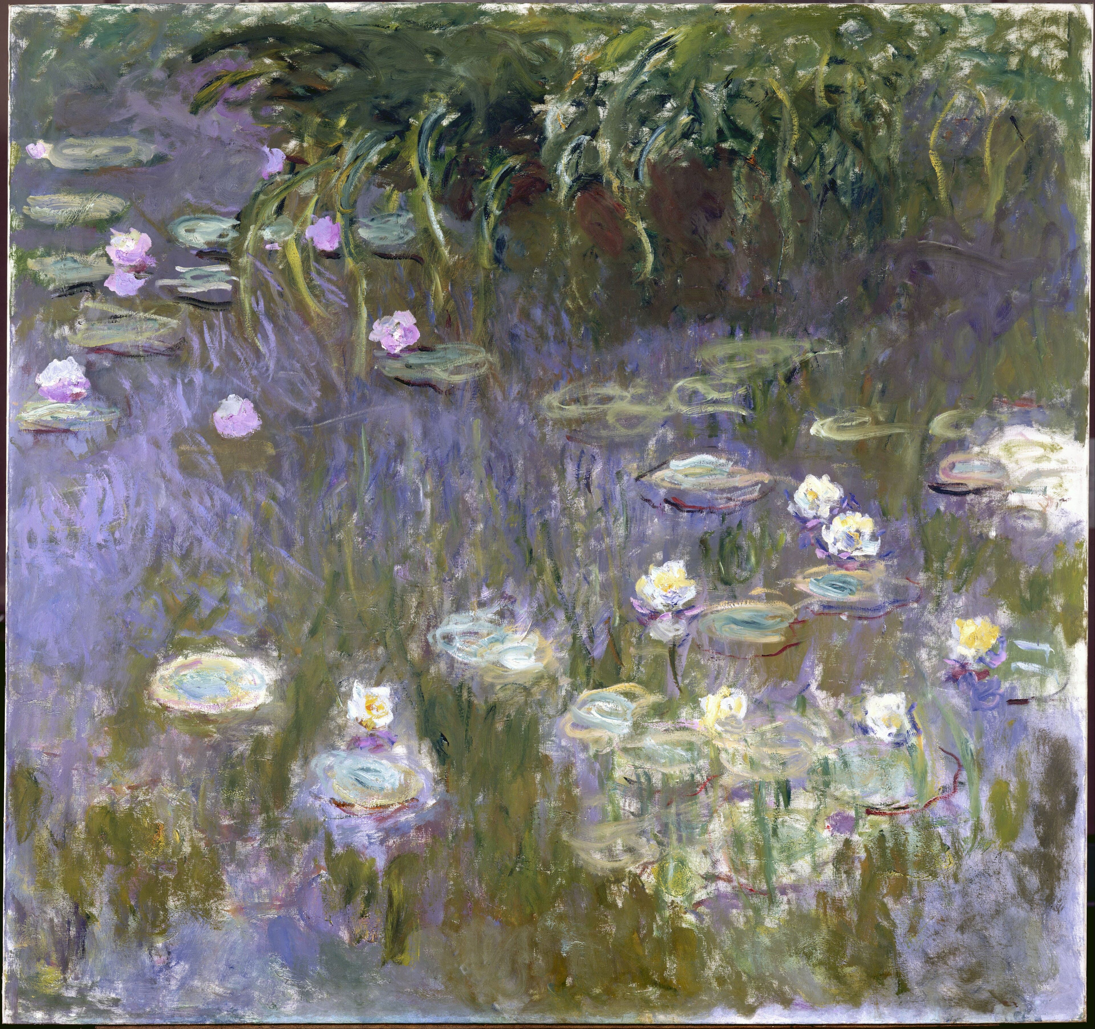 Pink, white and yellow lilies on green pads float on lilac water, with long green fronds hanging from the top edge — Claude Monet, Water Lilies, c. 1922
