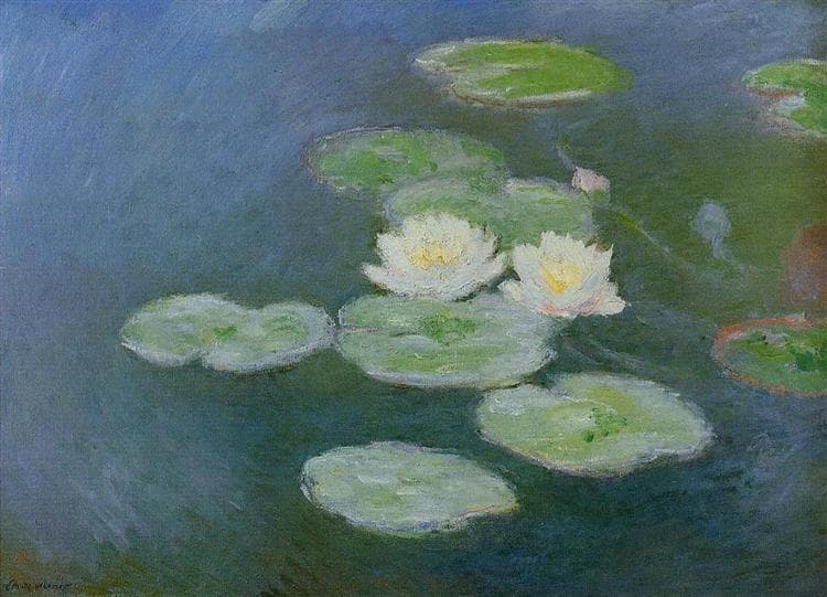 White water lilies and pale green lily pads float on blue and violet water at dusk, with no bank or sky visible — Claude Monet, Water Lilies, Evening Effect, 1897