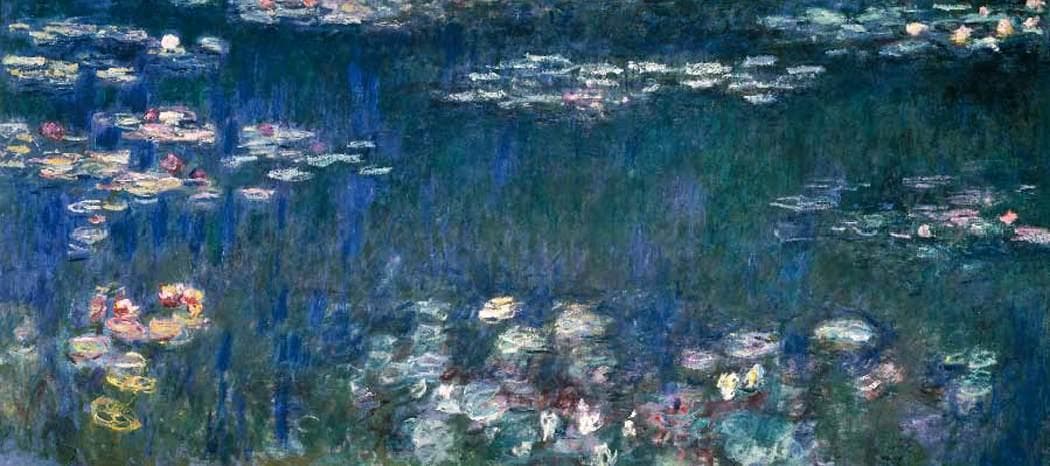 Floating water lilies with pink, white and yellow flowers on a deep green pond streaked with reflections of trees — Claude Monet, Water Lilies: Green Reflections, 1914–26