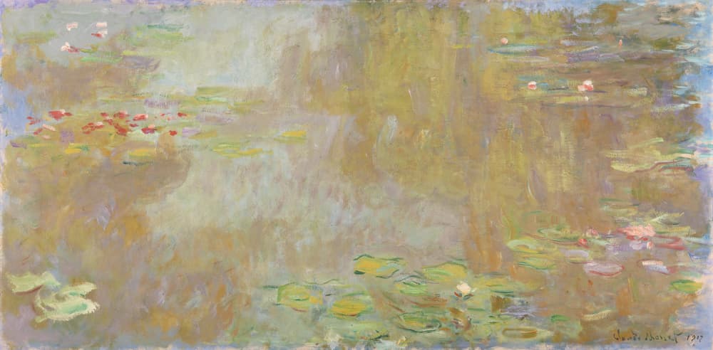 A wide view of a pond surface glowing in gold, lilac and pale green, with small rafts of lily pads and pink flowers at the edges — Claude Monet, Water Lilies in Giverny, 1917