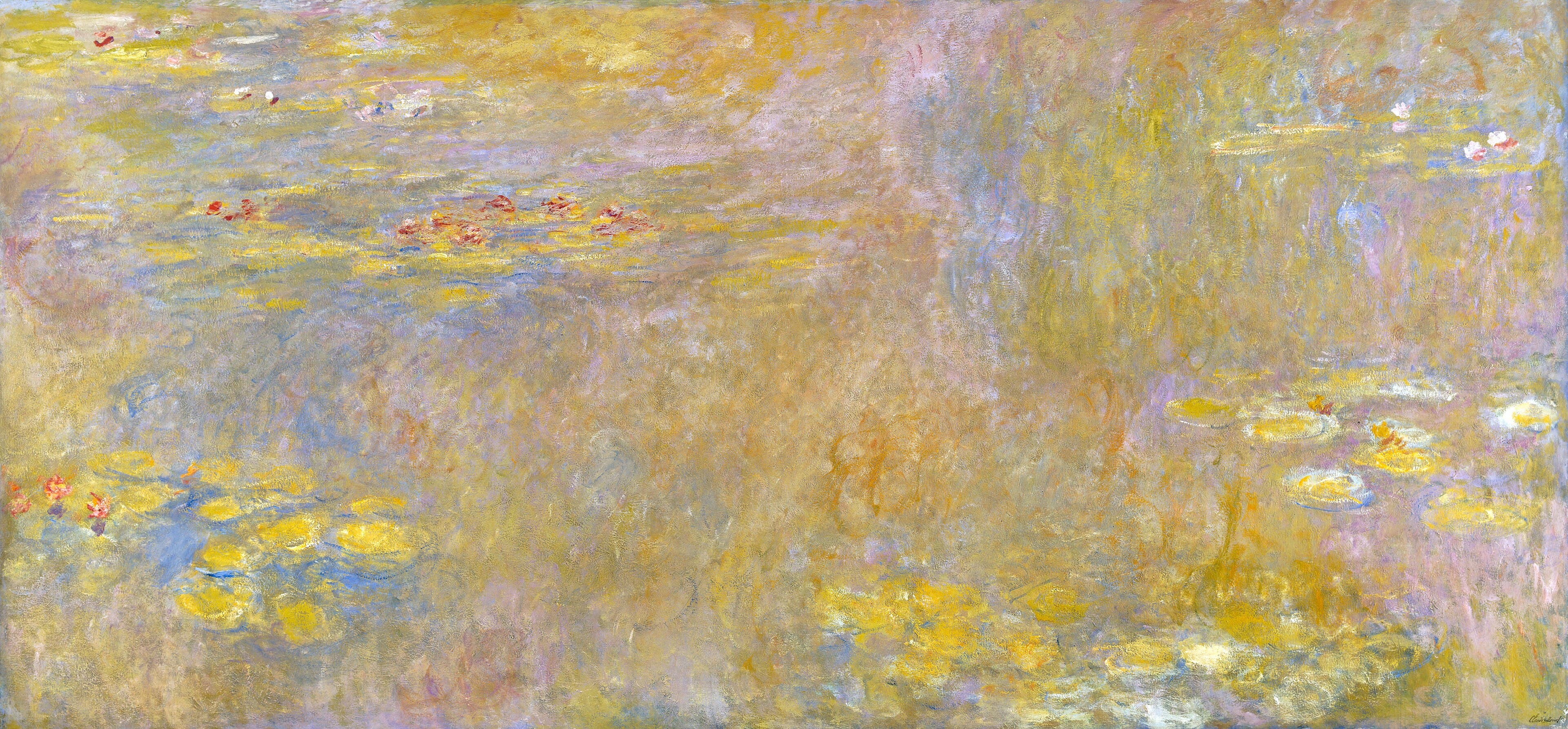 A wide expanse of pale yellow water with clusters of yellow lily pads and small pink and red flowers, faint reflections of trees in the haze — Claude Monet, Water-Lilies, after 1916