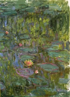 Red-rimmed lily pads with pink and gold flowers float among vertical green and violet reflections of willows — Claude Monet, Water Lilies (Nymphéas), 1915