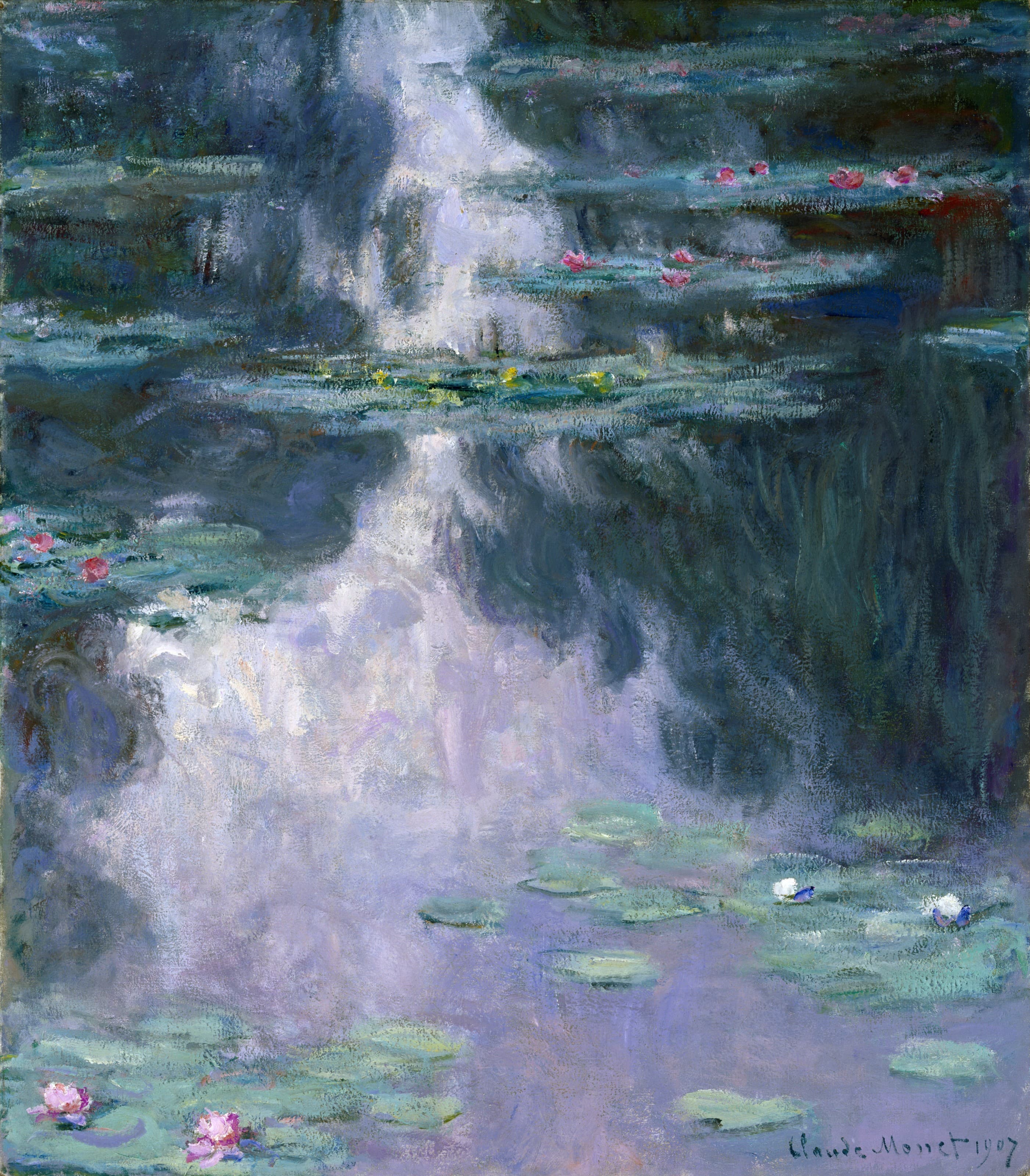 A column of white and lilac reflected light falls down dark blue-green water crossed by bands of lily pads with red, pink and white flowers — Claude Monet, Water Lilies (Nymphéas), 1907