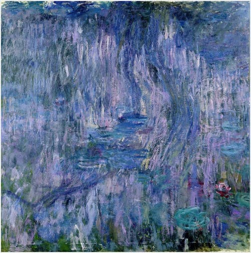 Dense vertical strokes of lilac and blue fill the canvas, the reflection of a willow, with a dark blue channel, faint pads and one pink flower at lower right — Claude Monet, Water-Lilies, Reflection of a Weeping Willow, 1916–19