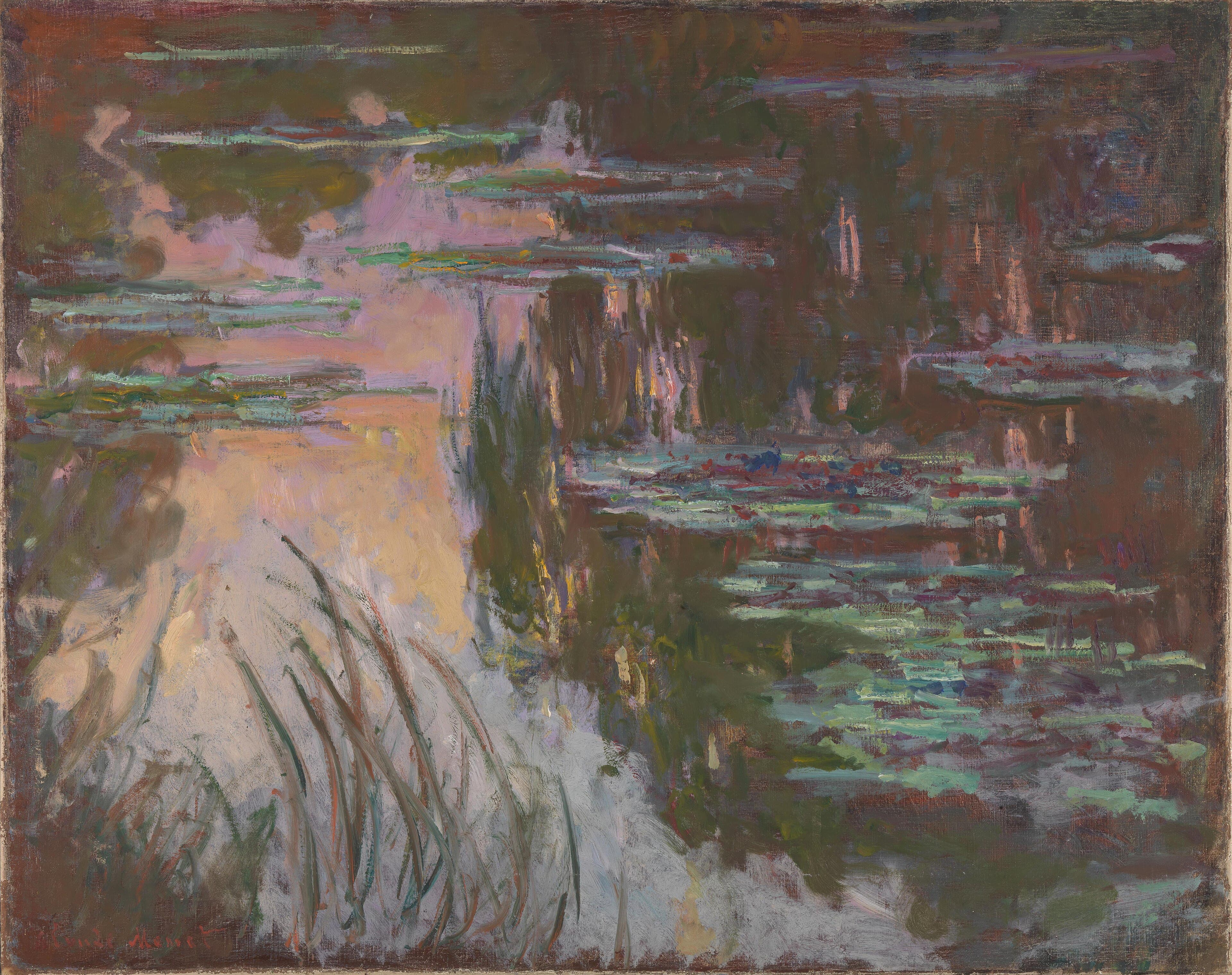 Pink and gold sunset light lies across a dark pond streaked with willow reflections and strips of lily pads, reeds at lower left — Claude Monet, Water-Lilies, Setting Sun, about 1907