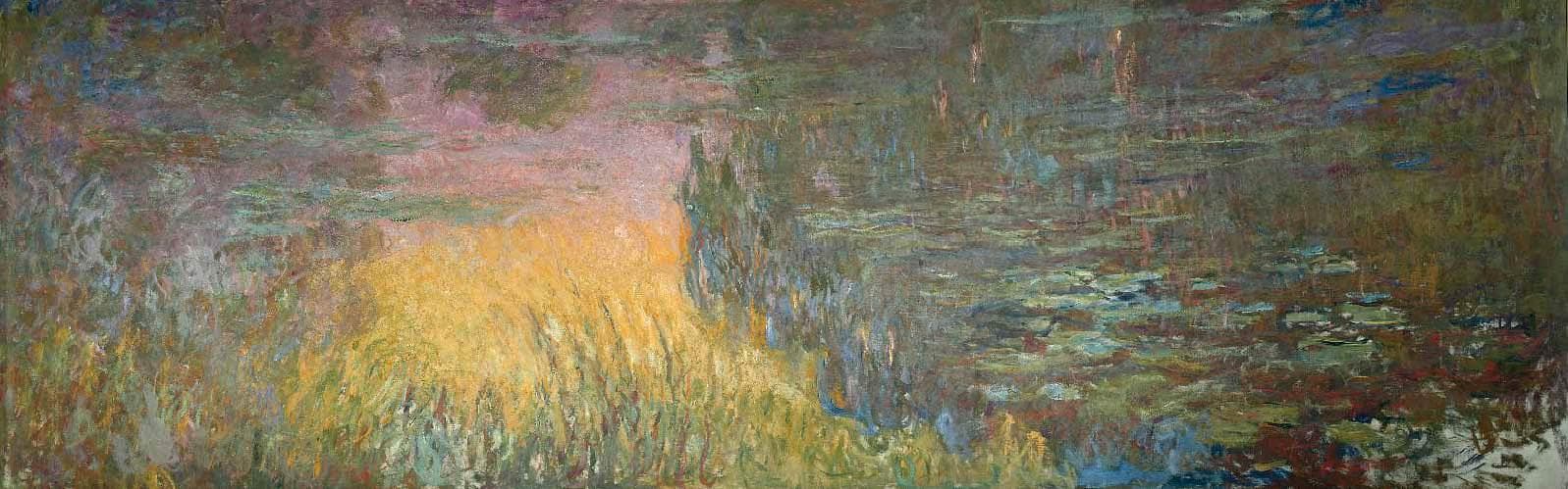 Golden reflected sunlight and reeds glow at lower left of a dark violet pond scattered with lily pads — Claude Monet, Water Lilies: Setting Sun, 1914–26