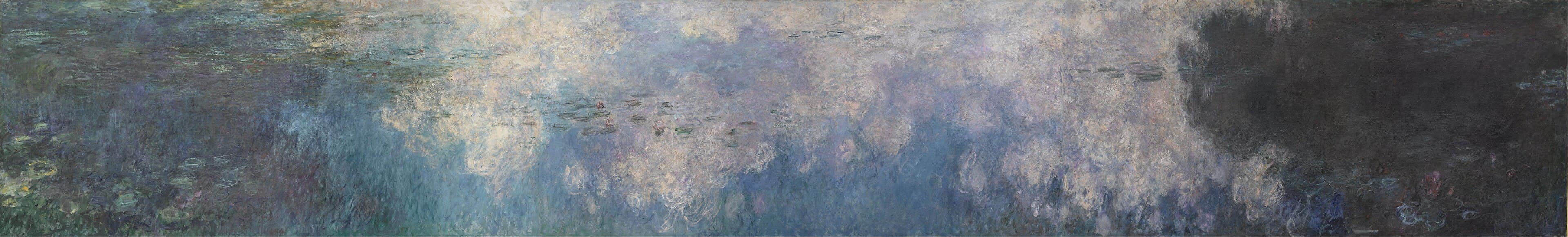 A long panorama of a pond surface reflecting white and violet clouds in blue water, scattered with dark lily pads, darkening at the right — Claude Monet, The Water Lilies: The Clouds, c. 1914–26