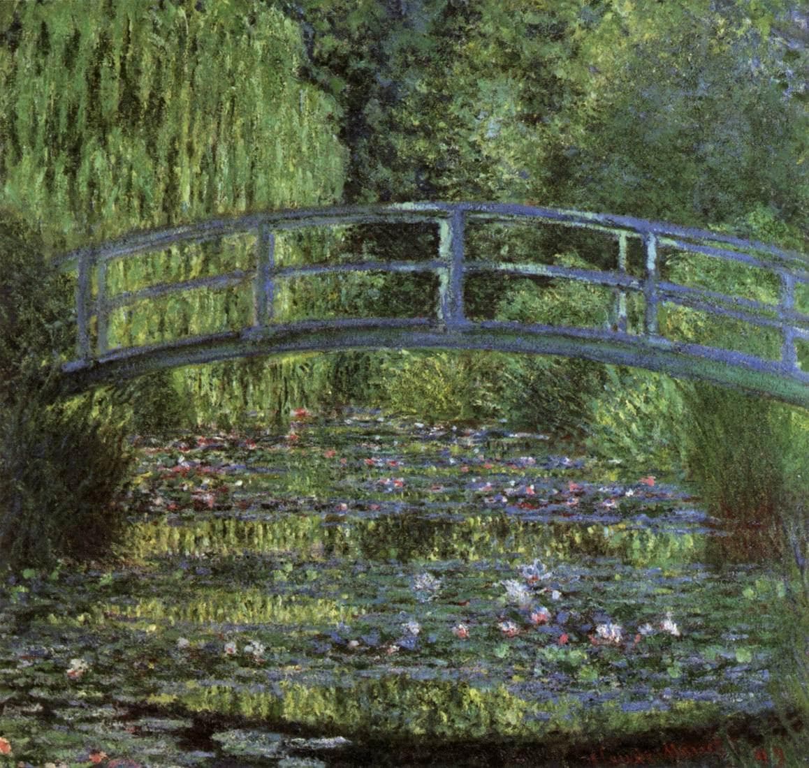 A pale blue-green arched footbridge crosses a pond covered with lily pads and pink flowers beneath hanging willow branches — Claude Monet, Water Lily Pond, Green Harmony, 1899