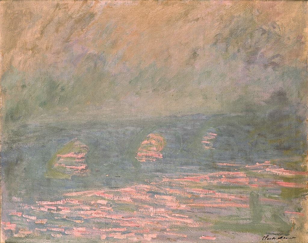 Three bridge piers touched with pink barely emerge from a green-gold fog above a river flecked with pink light — Claude Monet, Waterloo Bridge, 1899–1901