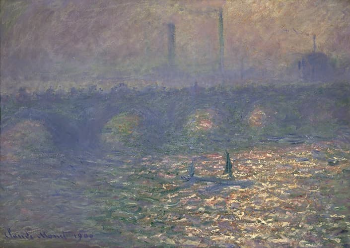 A violet bridge with light glowing through its arches spans a river glittering with gold, factory chimneys faint in a lilac haze — Claude Monet, Waterloo Bridge, 1900