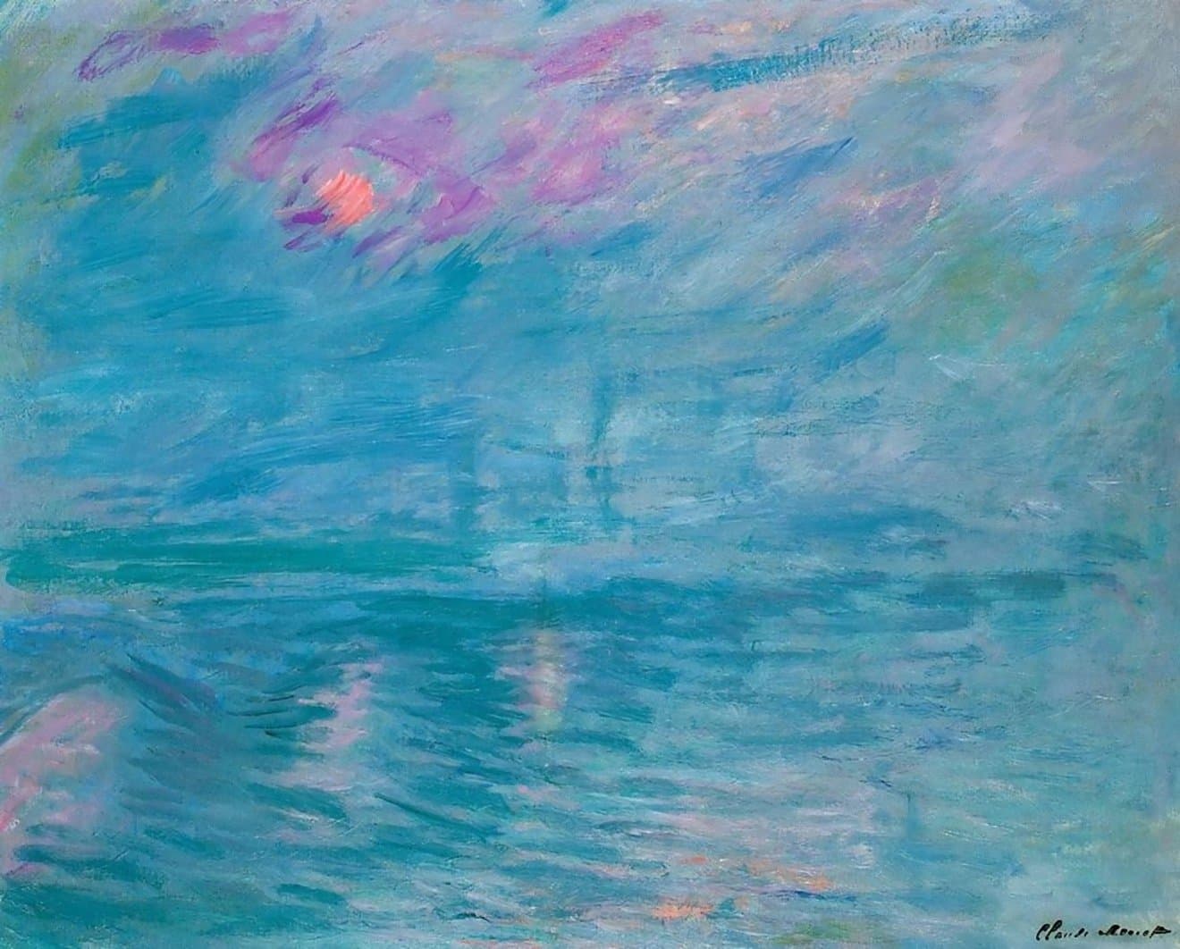 A small red sun ringed with violet burns through swirling turquoise fog above a green river with a pale column of reflection — Claude Monet, Waterloo Bridge, 1899–1903