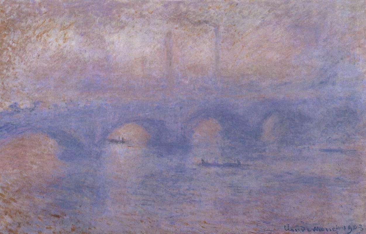 The arches of Waterloo Bridge fade into pink and lilac fog over the Thames, with faint factory chimneys behind and small boats on the water — Claude Monet, Waterloo Bridge, Effect of Fog, 1903