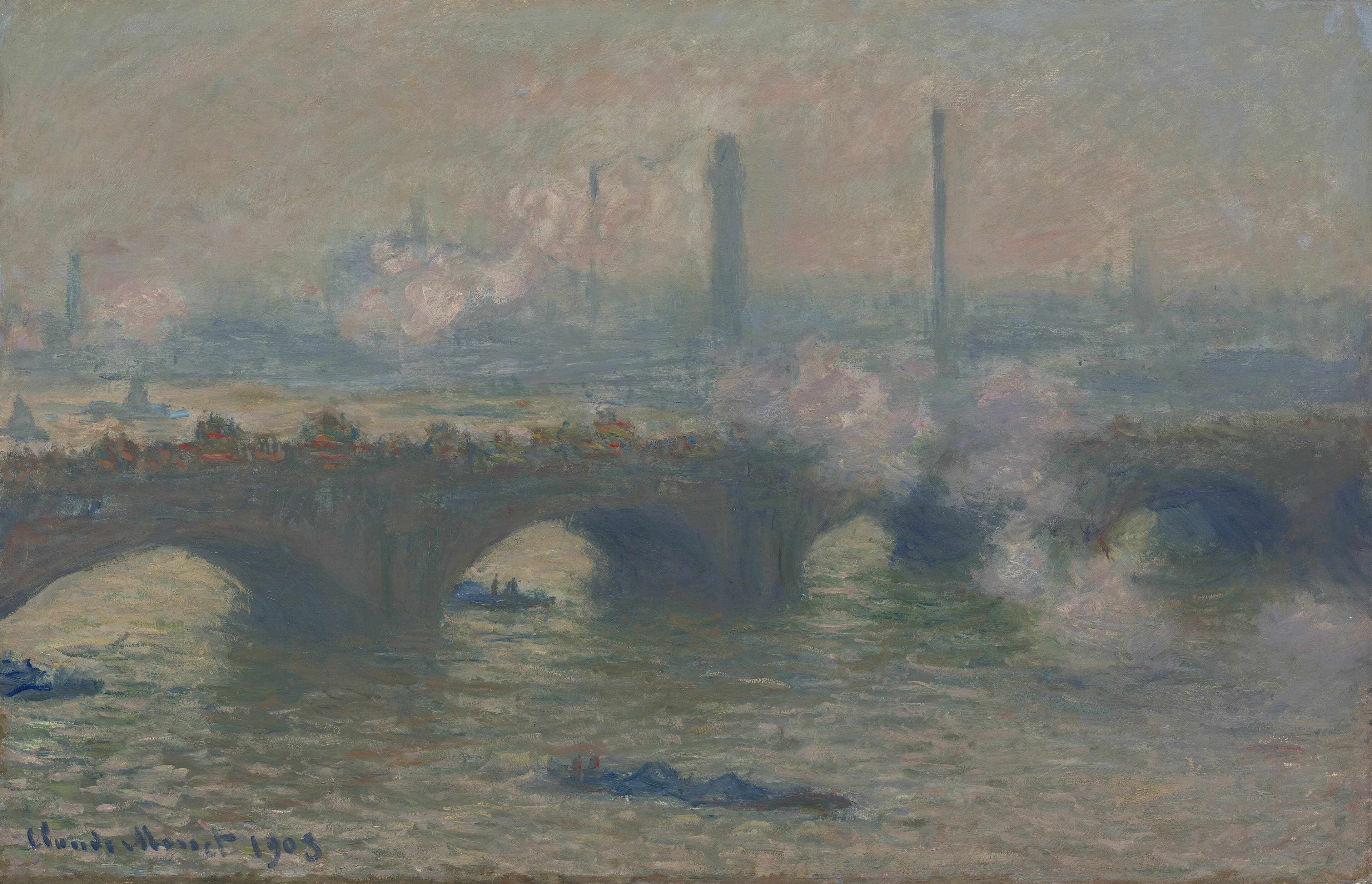 A slate-grey bridge crosses a greenish river with tugs and barges, steam billowing at its right end and chimneys in pinkish haze beyond — Claude Monet, Waterloo Bridge, Gray Day, 1903