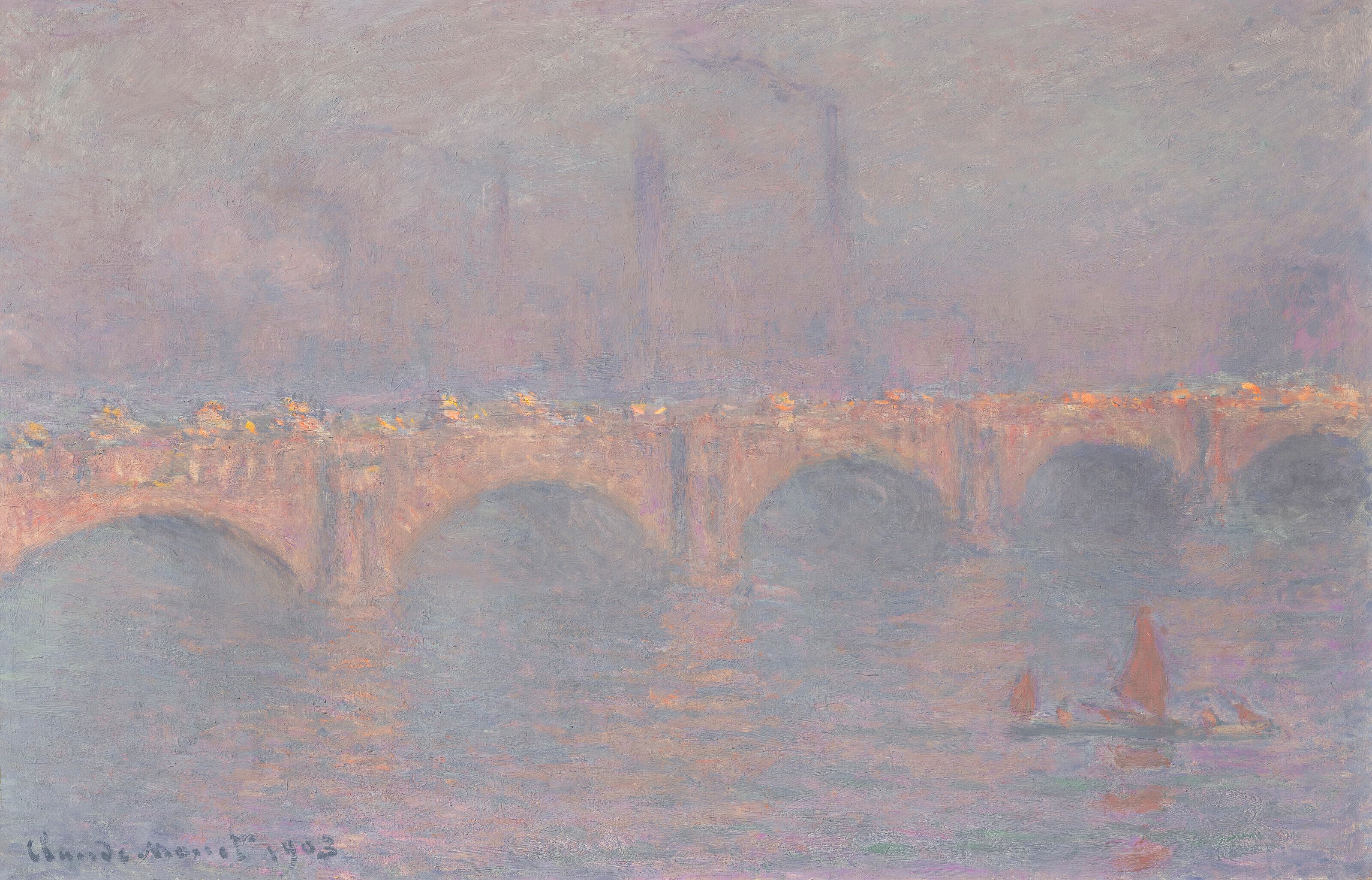 A bridge glowing peach and cream in lilac haze, faint chimneys beyond and a red-sailed barge on the river below — Claude Monet, Waterloo Bridge, Hazy Sun, 1903