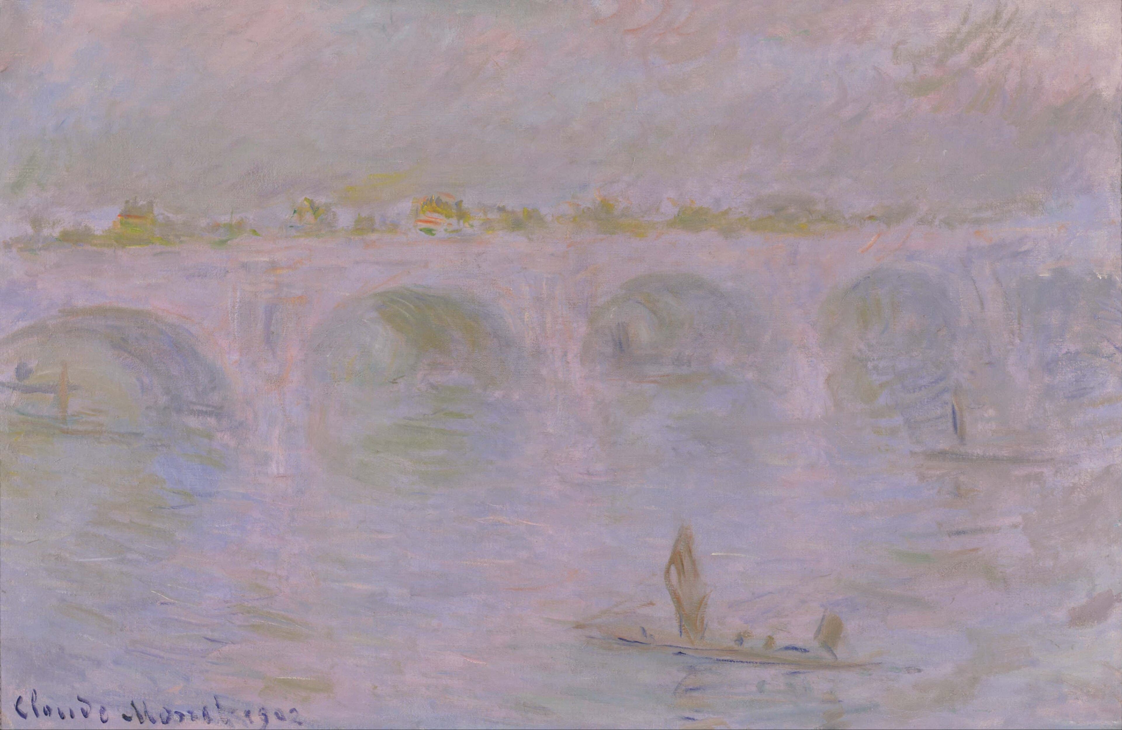 A pale pink and white bridge of arches spans a rosy, hazy river, with a sailing barge in the foreground — Claude Monet, Waterloo Bridge in London, 1902