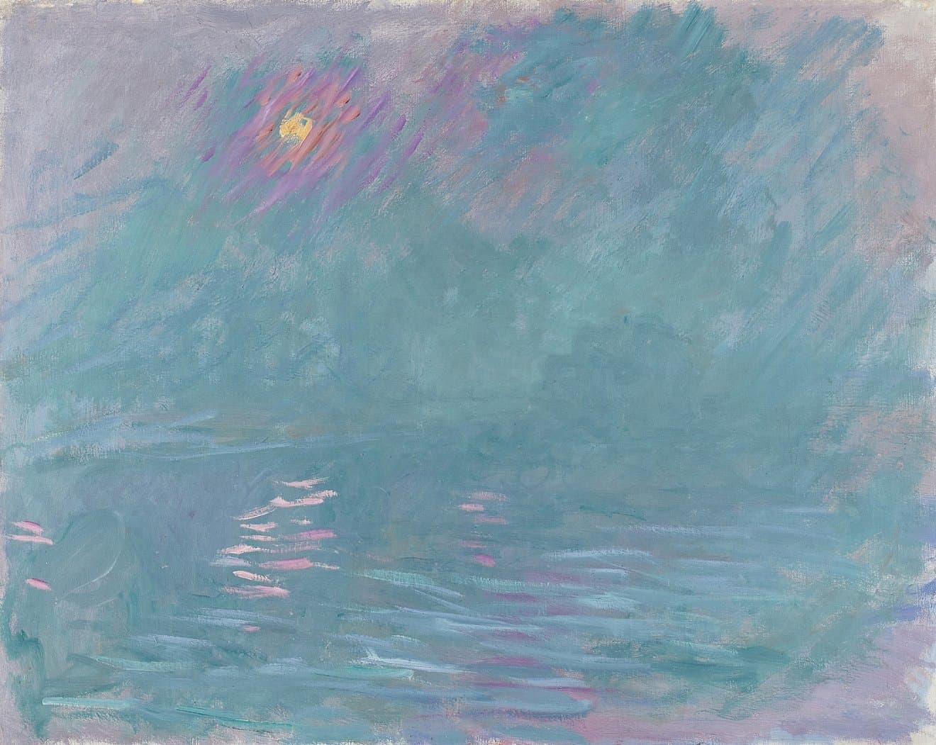 A small orange sun ringed with violet glows through turquoise fog above a river with pink reflections, the bridge barely visible — Claude Monet, Waterloo Bridge, 1899–1901