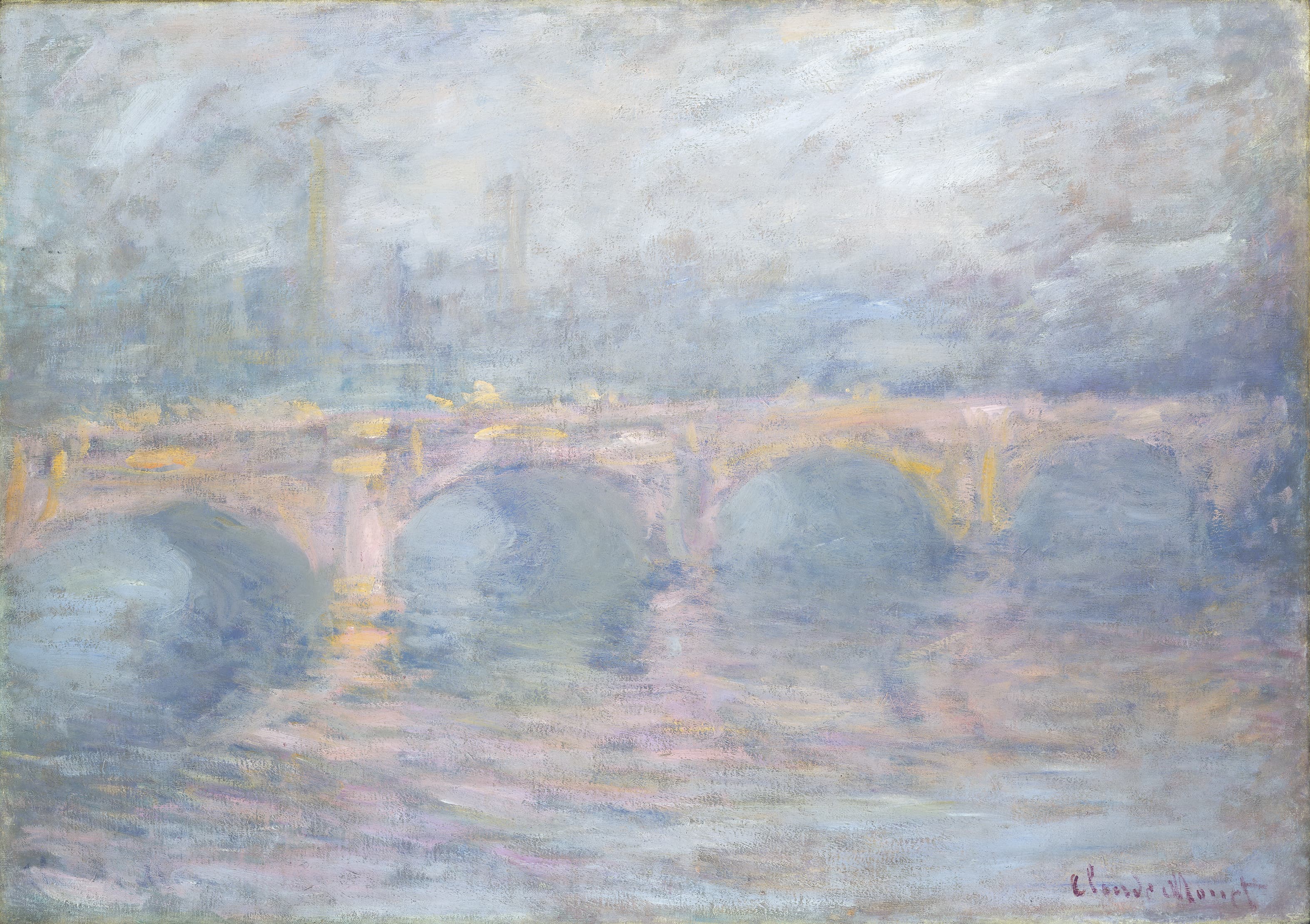Stone bridge arches lit pink and pale yellow, blue shadows beneath reflected in a lilac river under a pale sky — Claude Monet, Waterloo Bridge, London, at Sunset, 1904