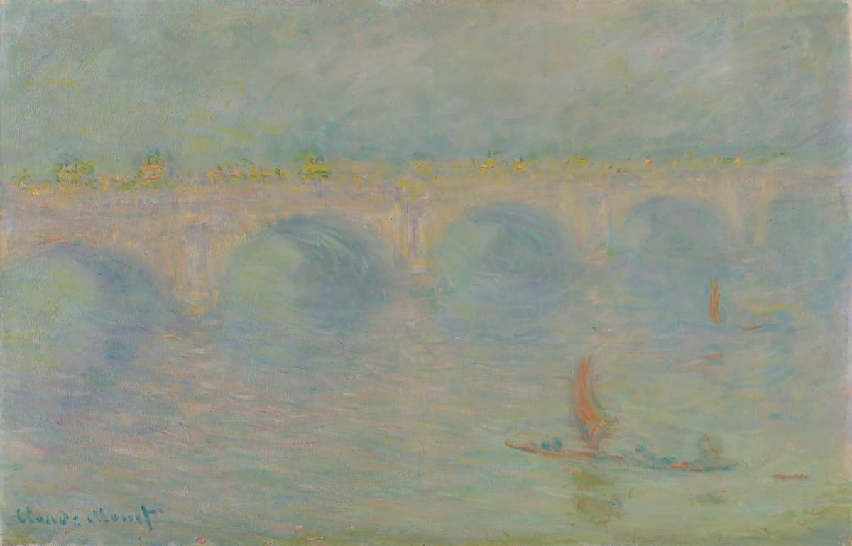 A pale bridge of white arches crosses a milky river in bright haze, with a barge with a rust-orange sail at lower right — Claude Monet, Waterloo Bridge, London, Sun Effect, 1899–1901