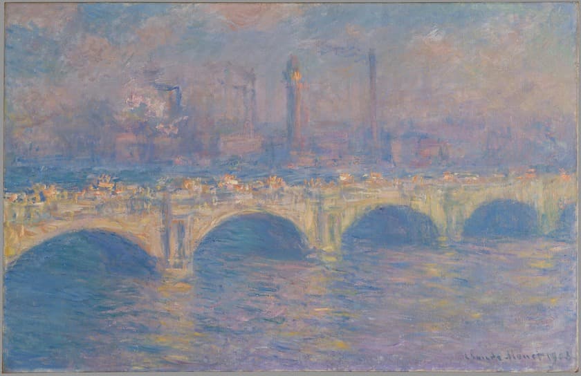 A long stone bridge with sunlit yellow parapet and deep blue arches over a shimmering river, chimneys and a tower in lavender haze behind — Claude Monet, Waterloo Bridge, London, 1903