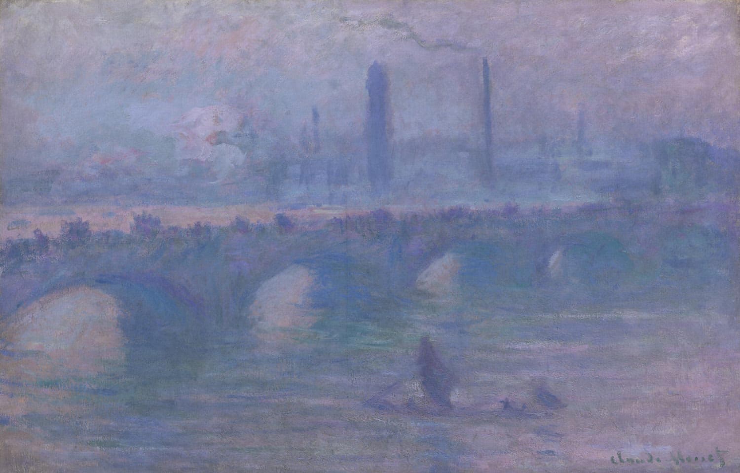 A violet bridge, factory chimneys and a barge all seen through a soft lilac-pink morning fog on the Thames — Claude Monet, Waterloo Bridge, Morning Fog, 1901