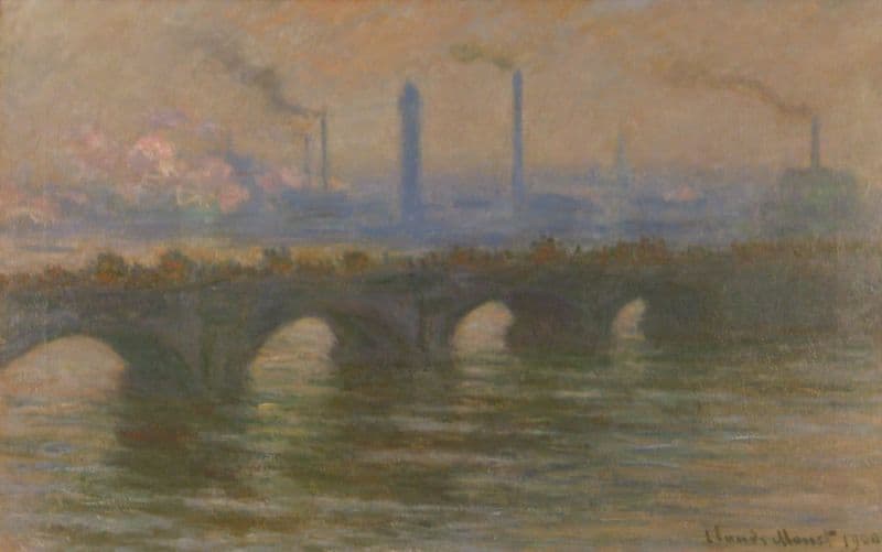 A dark bridge with shadowed arches crosses a green river under a smoky amber-rose sky, factory chimneys beyond — Claude Monet, Waterloo Bridge, Overcast Weather, 1900